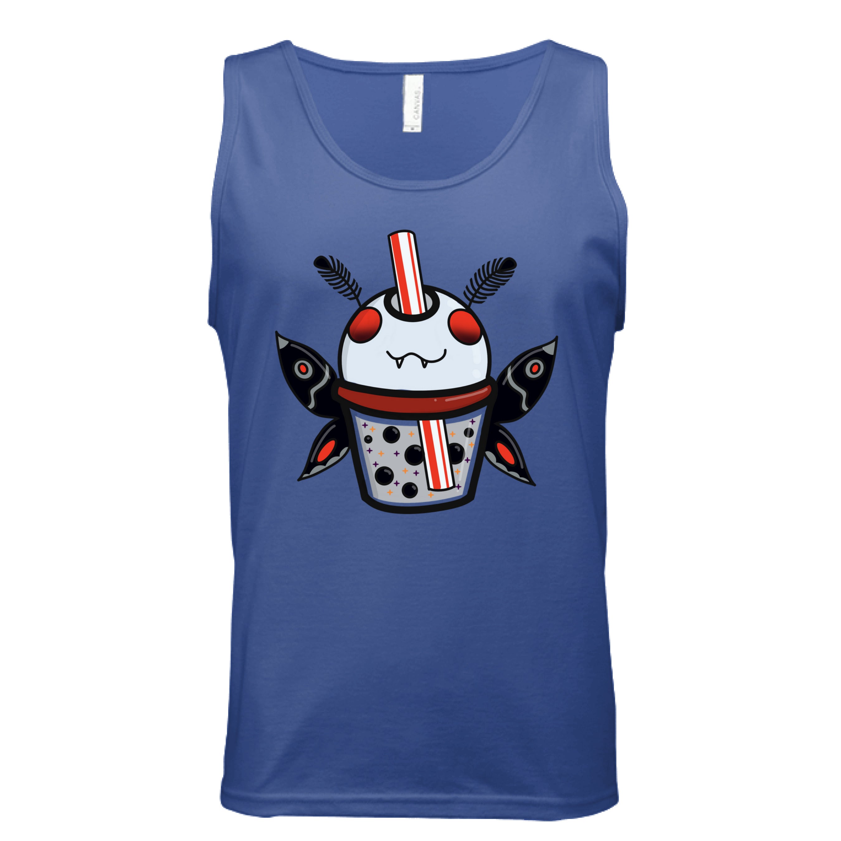 This is the True Royal Mothman Boba Tank by Dazzle & Daggers Design. This is showcasing the front of the tank. There is an illustration of a moth boba that is gray, red eyes, inside the glass is gray with black boba, red dots, black, red, gray both wings and fluffly black antennas, red and white striped straw. It is against a white background.
