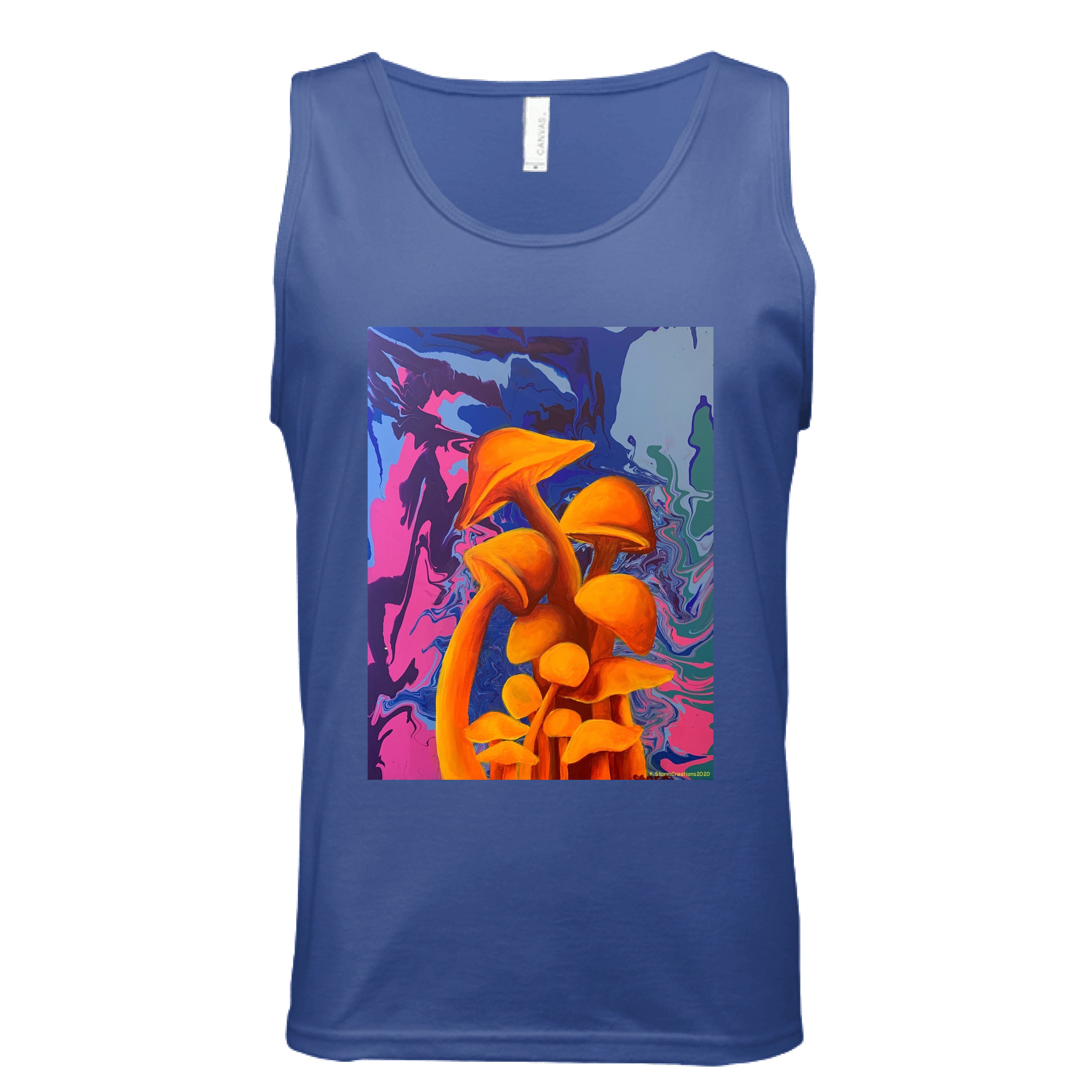 This is the True Royal Mushroom Tank by Storm Garden Studio. This is showcasing the front of the tank. There are two drawstrings on the hood and a large pouch under the illustration. The illustration is of 11 blazing orange fungis with a swirling background that includes blue, green, dark blue, purple and pink colors. The mushrooms are different shapes and sizes starting form the middle and reaching towards the top. It is against a white background.