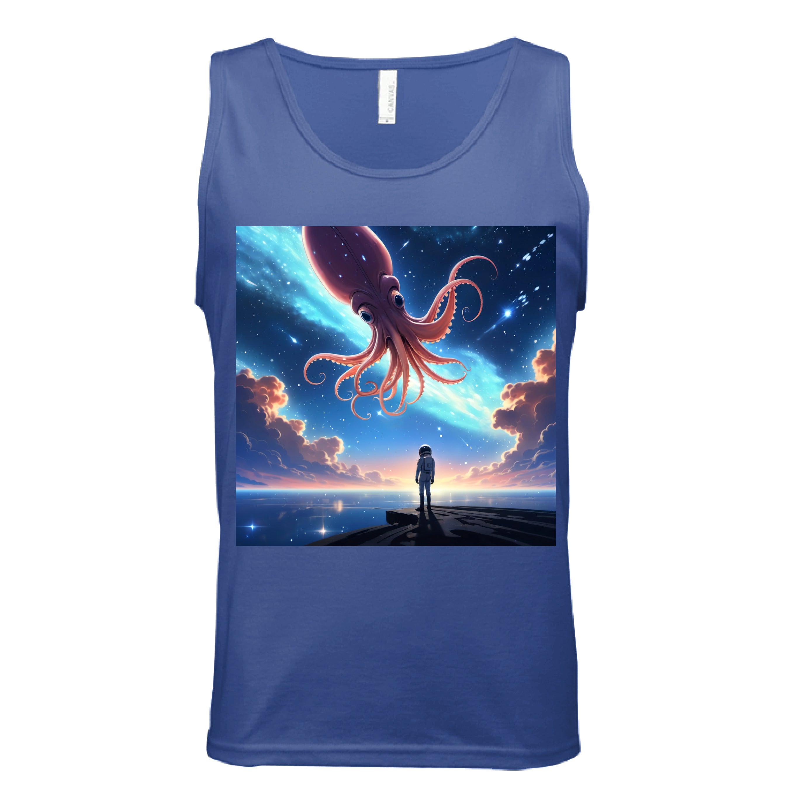 This is the True Royal Star Maker Tank by Lee Hansheng Studios. This is showcasing the front. The illustration features a lone astronaut in white, standing on a dark surface gazing at a pink octo-squid alien, drifting through a sky. The sky is alive with stars, nebulae, and clouds. The clouds are drifting up at the right and left with pink/blue hues. The sky is a light blue and the drifting stars behind the animal is a light blue. It is against a white background.