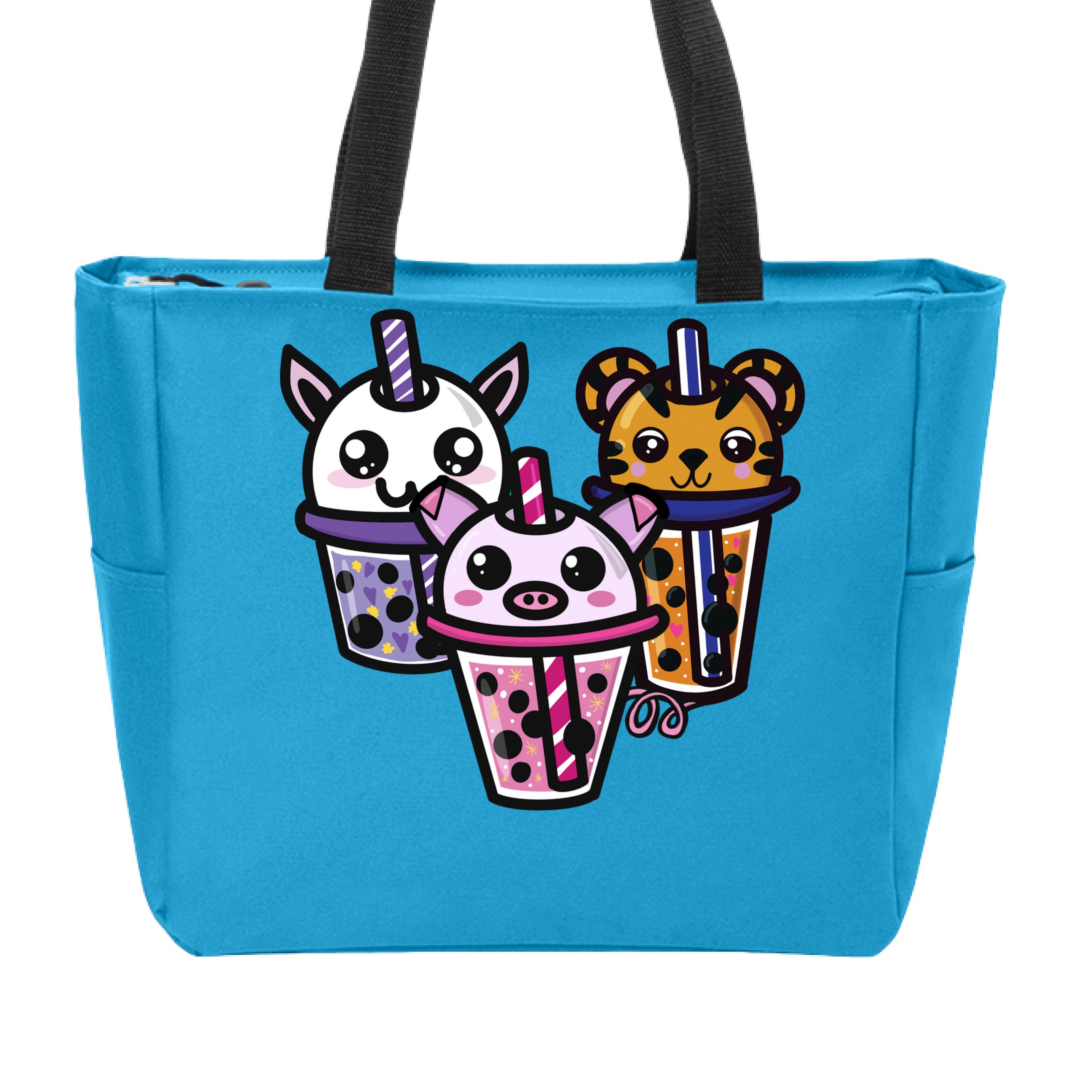 This is the Turquoise Boba Friends Zip Tote by Dazzle & Daggers Design. This is showcasing the front that features three kawaii designs.The Piggy Boba is pink all over and the glass has pink liquid, boba, yellow sparkles,white dots and peppermint swirl like. Thai Tea Tiger is orange, orange liquid, black boba, white dots, red hearts, blue and white striped straw. The Cryptid Boba is white, purple and white swirl straw, purple liquid, black boba, yellow stars and purple hearts. The handle is black.