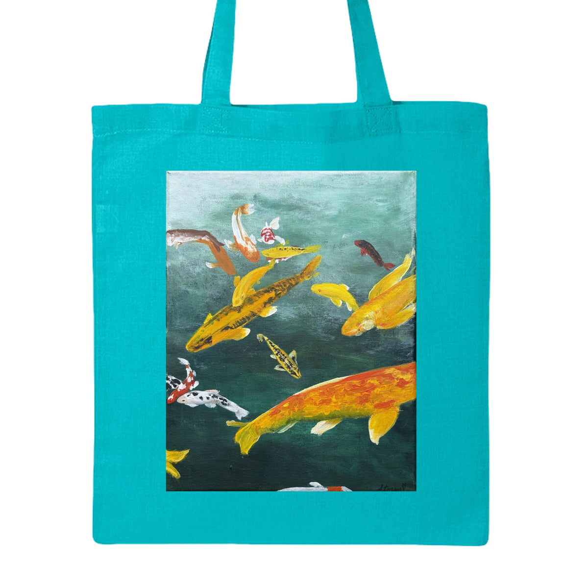 This is the Turquoise Koi Canvas Tote from Storm Garden Studio. This is showcasing the front of the tote. The handles are color matched. The illustration is with 14 koi fishes with orange, white, red, yellow, green, black swimming around in a gradient water darker on the bottom then lighter to to the top. The tote is against a white background.
