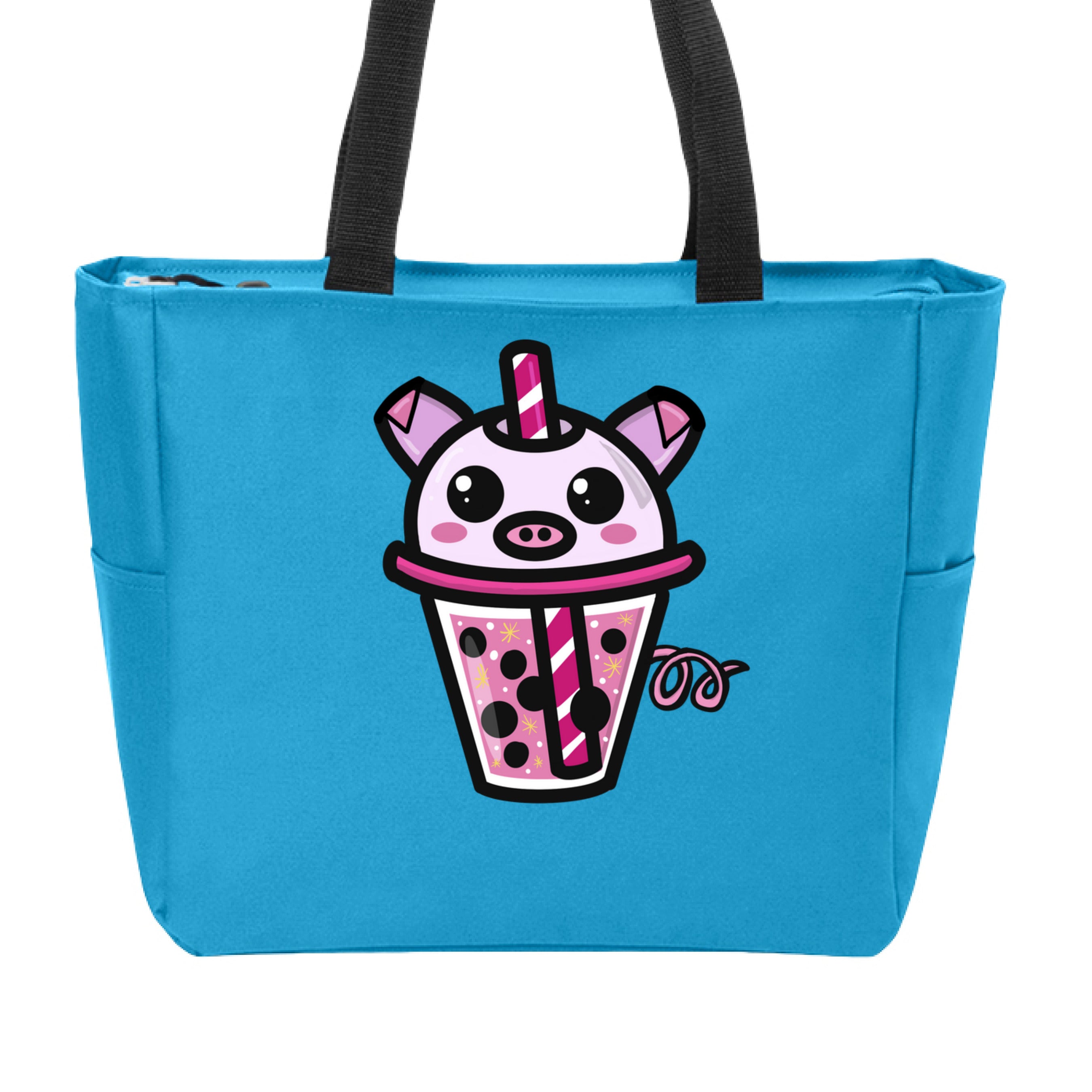 This is the Turquoise Piggy Boba Zip Tote by Dazzle & Daggers Design. This is showcasing the front of the tote. The handles on the zip tote are black. The Piggy Boba is pink all over, cute snout, oval cheeks, pig ears and tails, glistening eyes and the glass has pink liquid, boba, yellow sparkles, white dots and peppermint swirl like straw. It is against a white background.