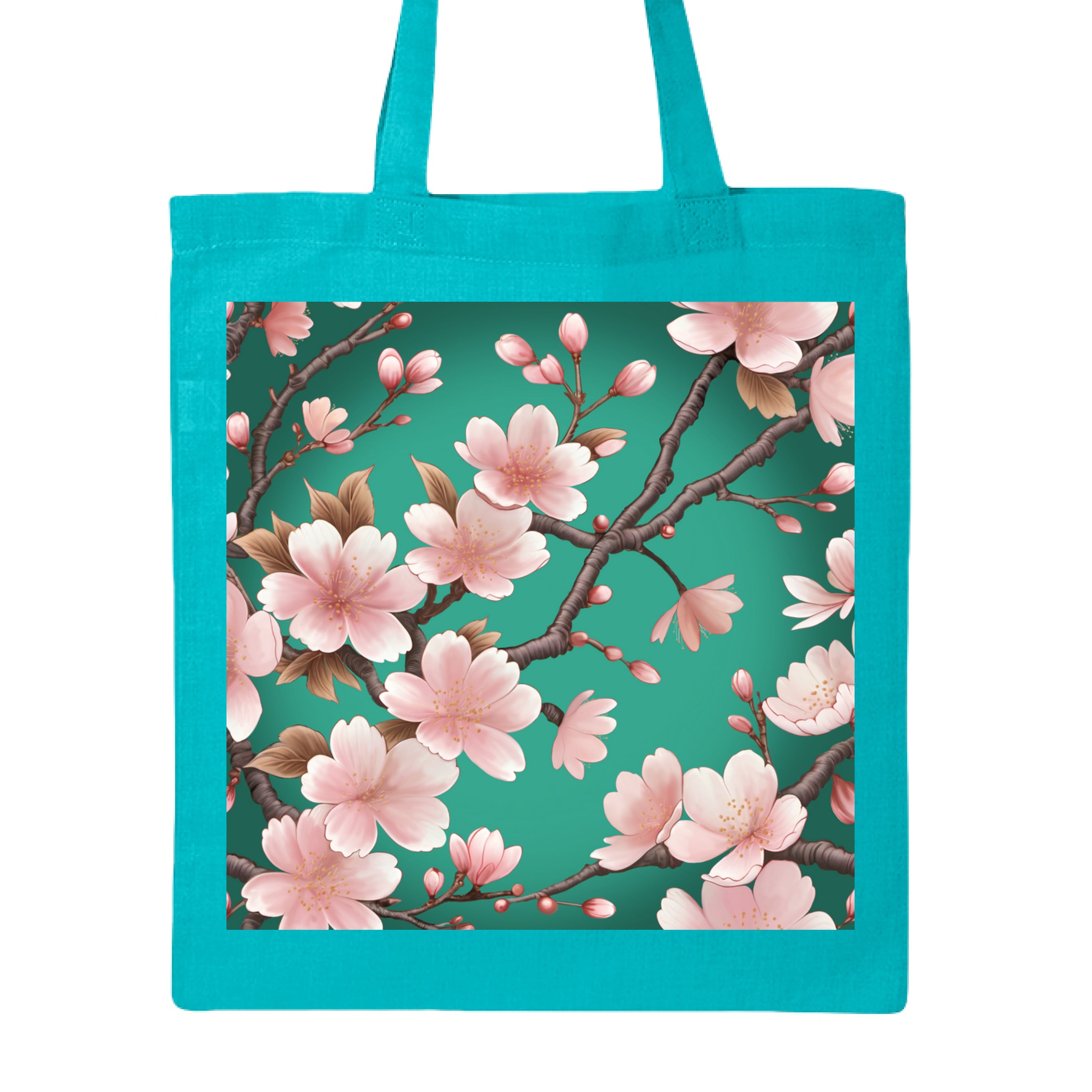 This is the Turquoise Sakura Canvas Tote by Lee Hansheng Studios. This is showcasing the front of the tote. The illustration has a vibrant green background with soft pink cherry blossom blooms of petals on dark brown/grey branches celebrating hanami season. There are fully bloomed flowers and some buds throughout. It is against a white background.