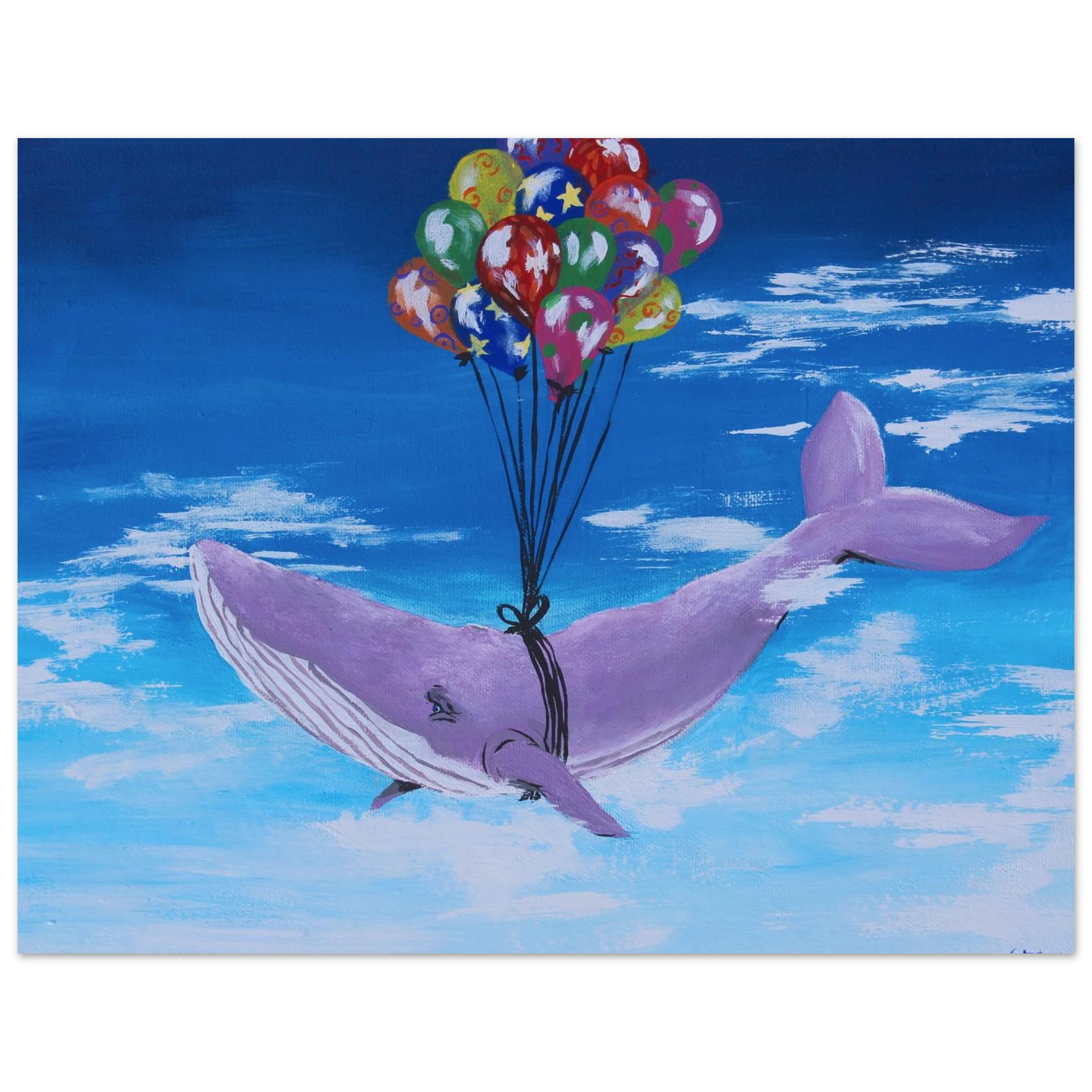 This is the 8" x 10" Up, up and Away Print by Storm Garden Studio. The illustration is of a large purple whale with colorful balloons that are blue, red, orange, pink, yellow, green with different patterns on it. The whale is against a gradient blue sky from light to darker with streaking clouds.