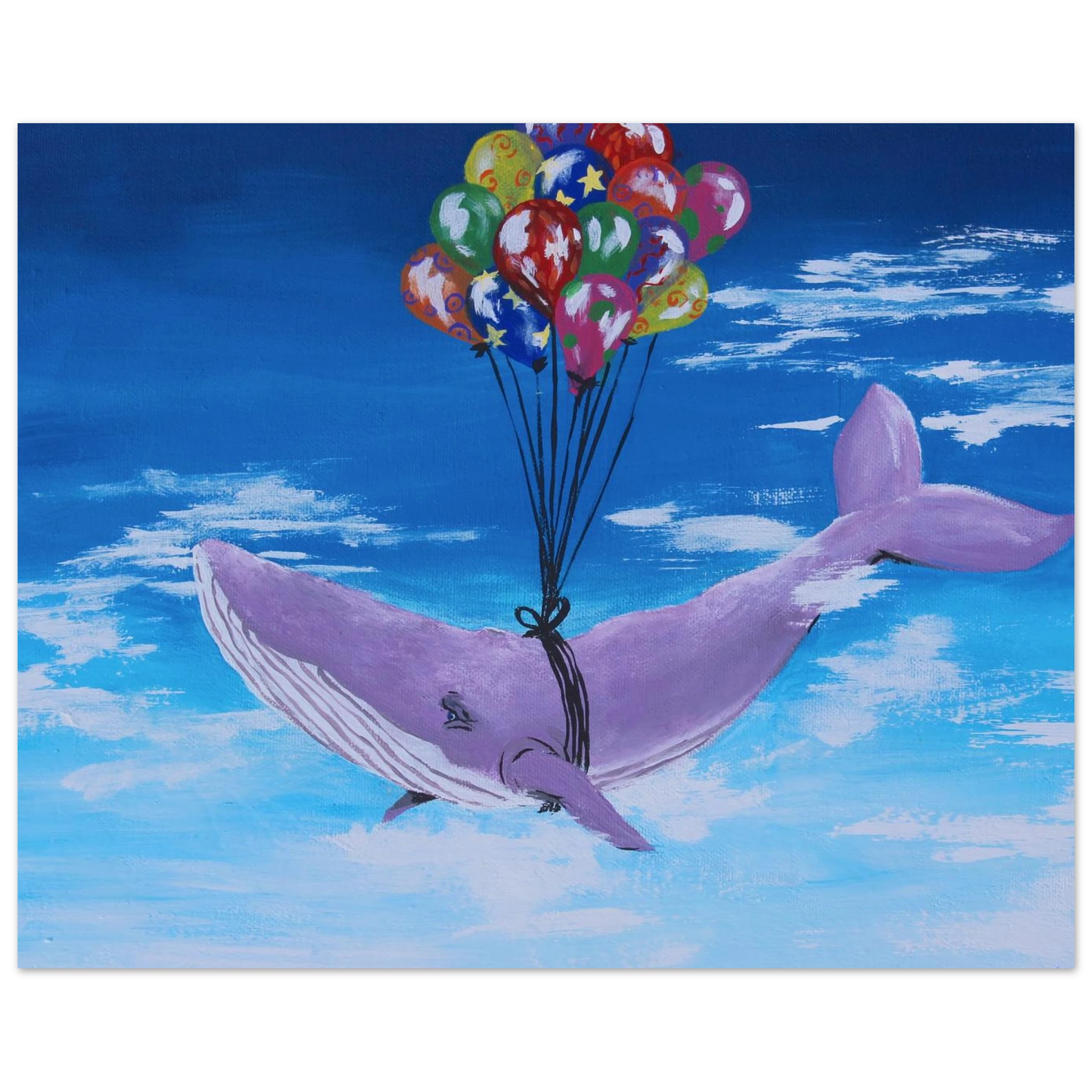 This is the 8" x 12" Up, up and Away Print by Storm Garden Studio. The illustration is of a large purple whale with colorful balloons that are blue, red, orange, pink, yellow, green with different patterns on it. The whale is against a gradient blue sky from light to darker with streaking clouds.