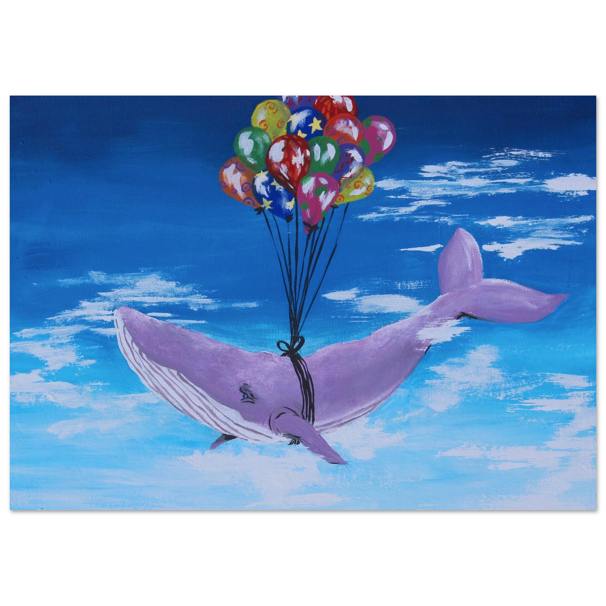 This is the 11" x 14" Up, up and Away Print by Storm Garden Studio. The illustration is of a large purple whale with colorful balloons that are blue, red, orange, pink, yellow, green with different patterns on it. The whale is against a gradient blue sky from light to darker with streaking clouds.