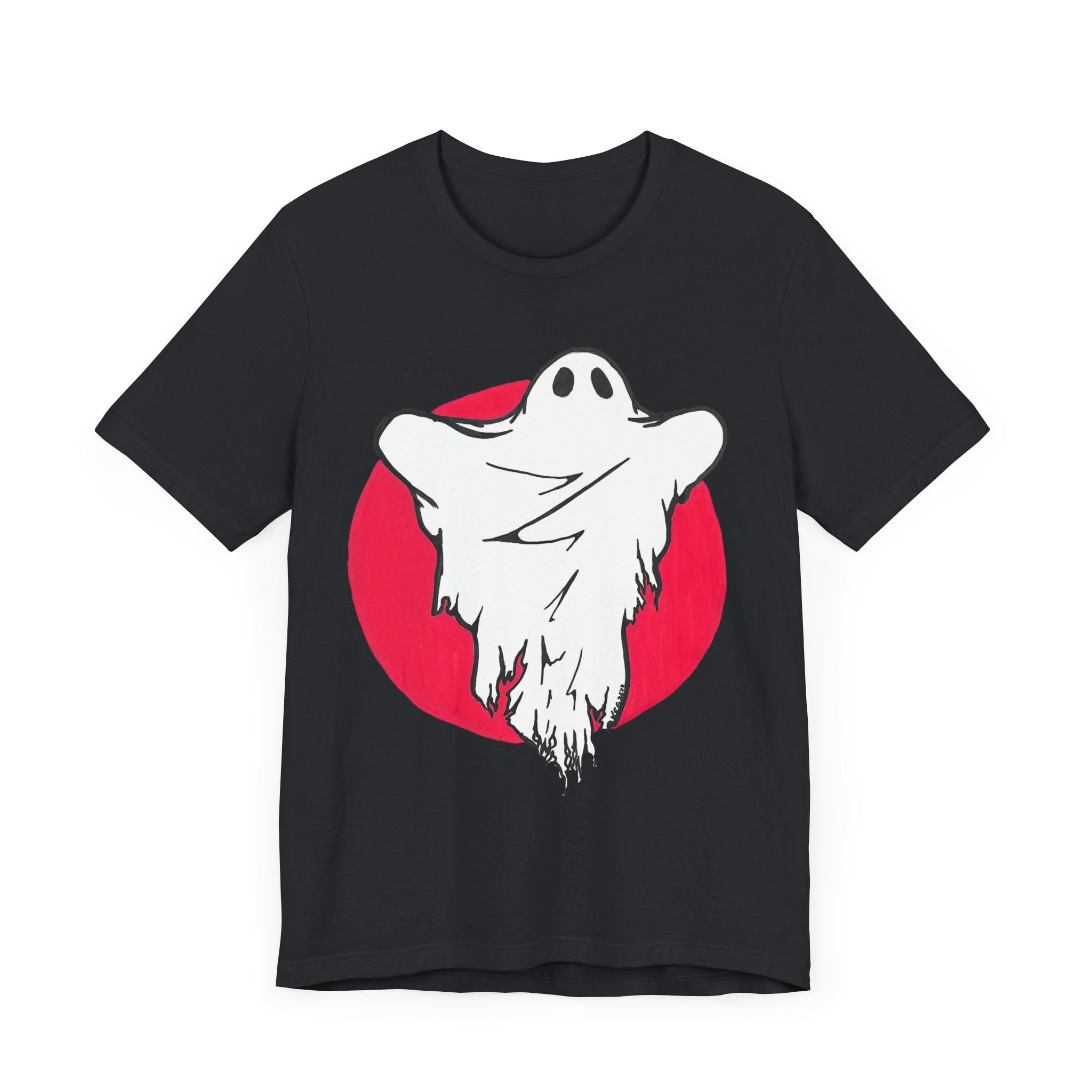 This is the Vintage Black Ghost T-Shirt by Storm Garden Studio. This comes in sizes S - L. This showcases the front of the shirt. It is the color of the shirt. There is a white ghost in the middle of the shirt and surround by a red circle. It looks like the ghost is trying to scare you. It is against a white background.