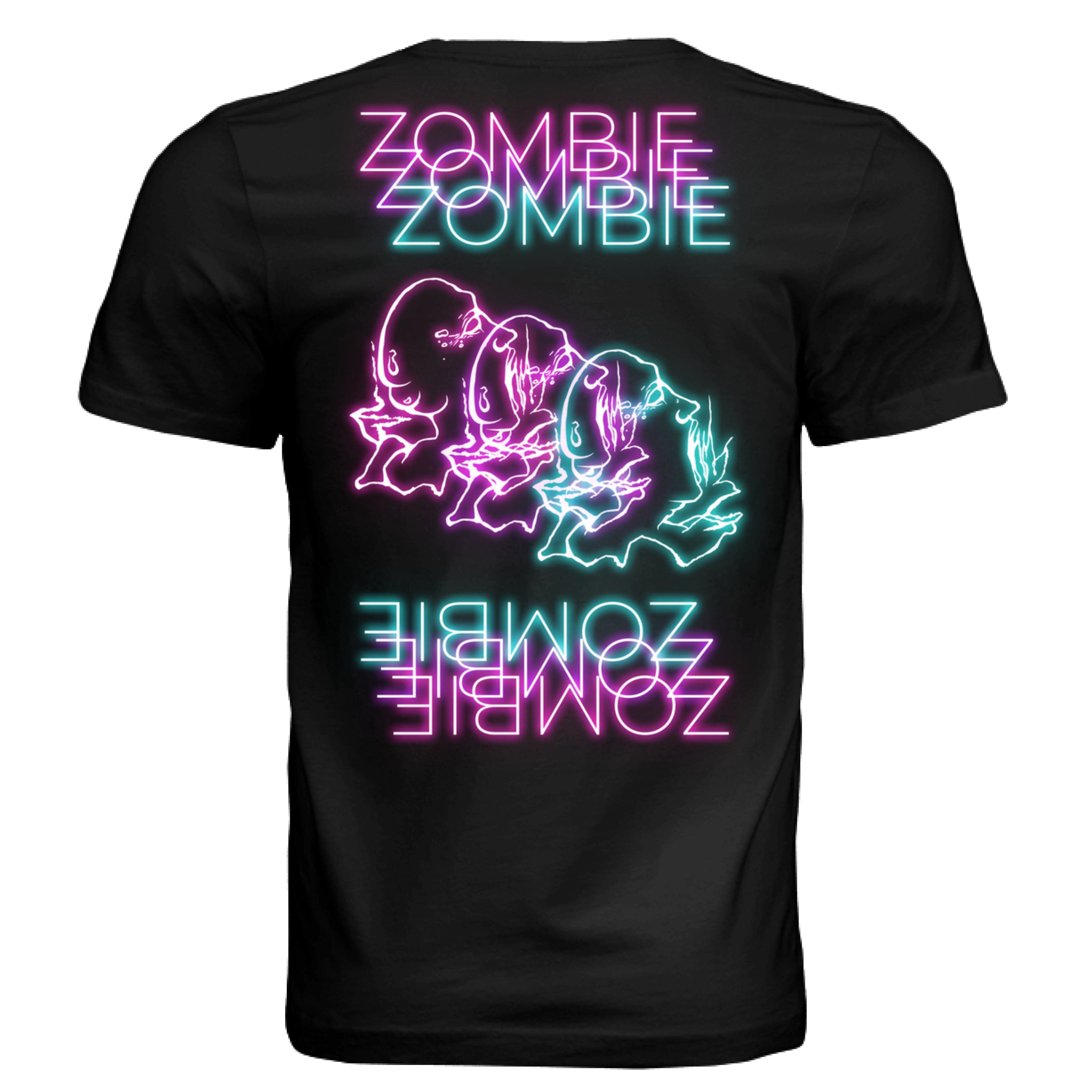 This is the Vintage Black Zombie T-Shirt by Chris Foster Design. This is showcasing the back of the shirt. The illustration has retro arcade vibes. The colors are vibrant pink, purple, green and teal in neon. The zombies are layered together facing the right with their mouths open looking up. The words below and above are the words in neon pink,purple,green and blue. "ZOMBIE". It is against a white background.
