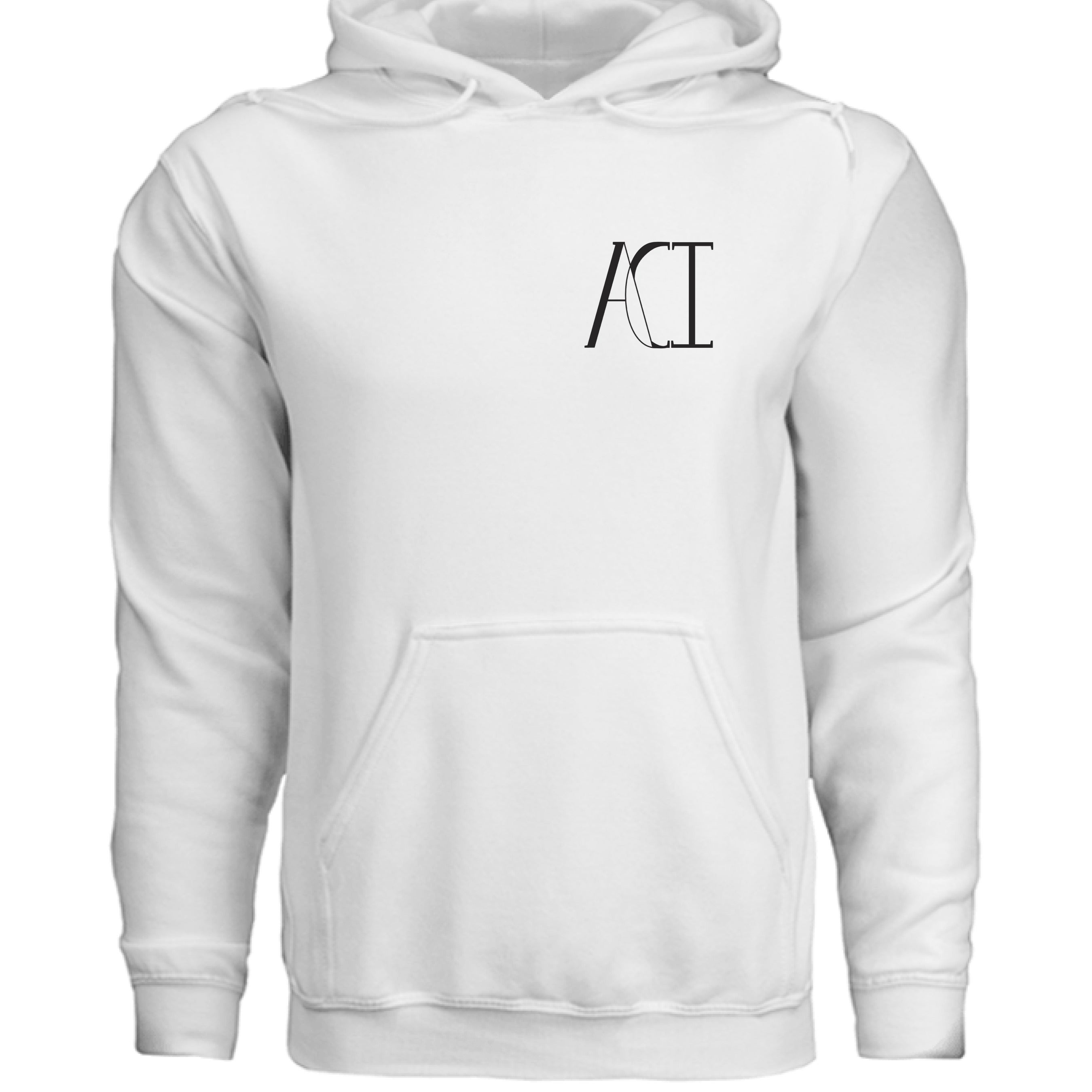 This is the White ACI Hoodie by the Art Collective International. This is showcasing the front of the hoodie with two drawstrings on the hood and large kangaroo pocket on the bottom. The image on the left breast pocket is of the ACI logo. The logo is black. The hoodie is against a white background.