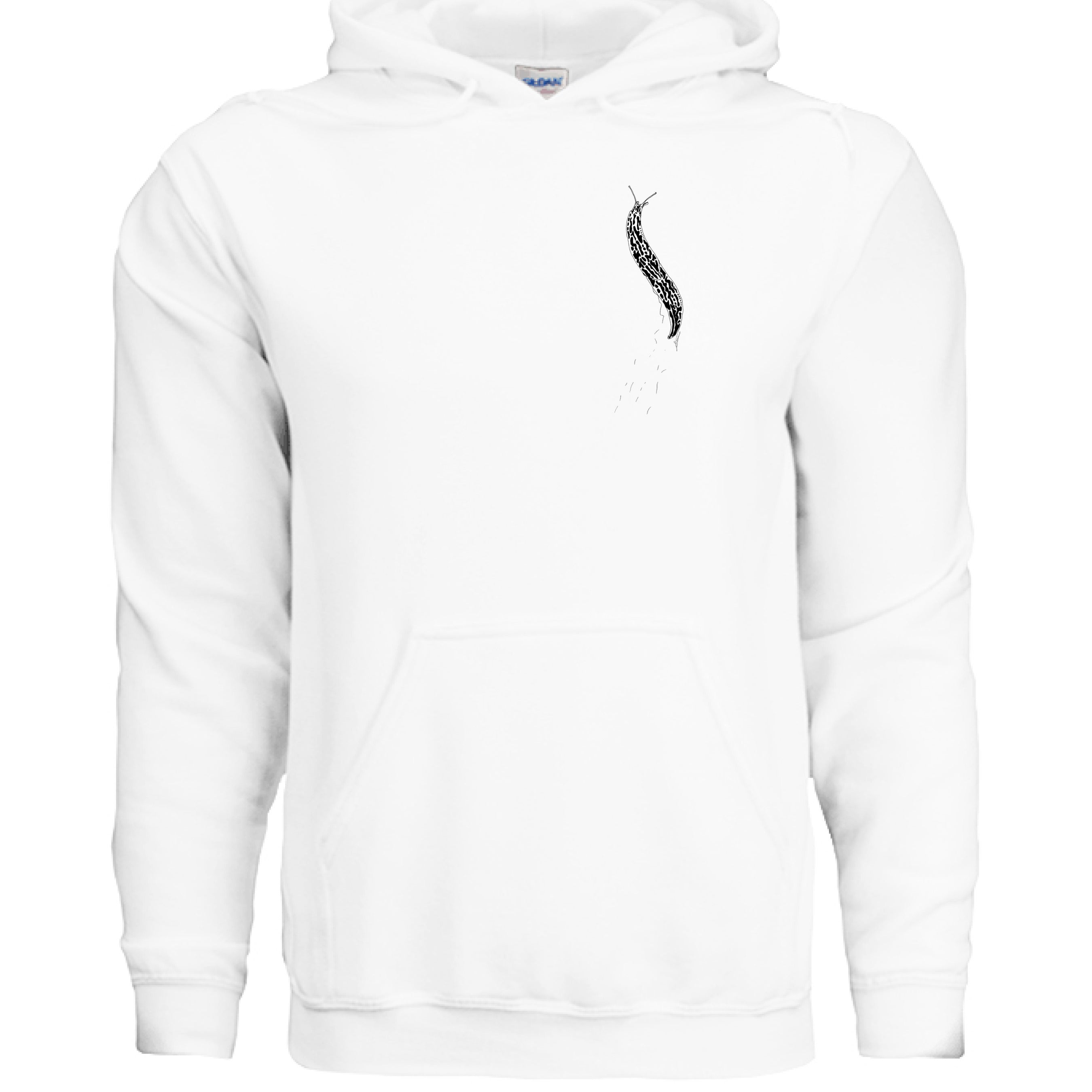 This is the White Banana Slug Hoodie by Storm Garden Studio. This showcases the front of the hoodie. There is a banana slug in black and white on the left chest. There is a large pouch too. It is against a white background.