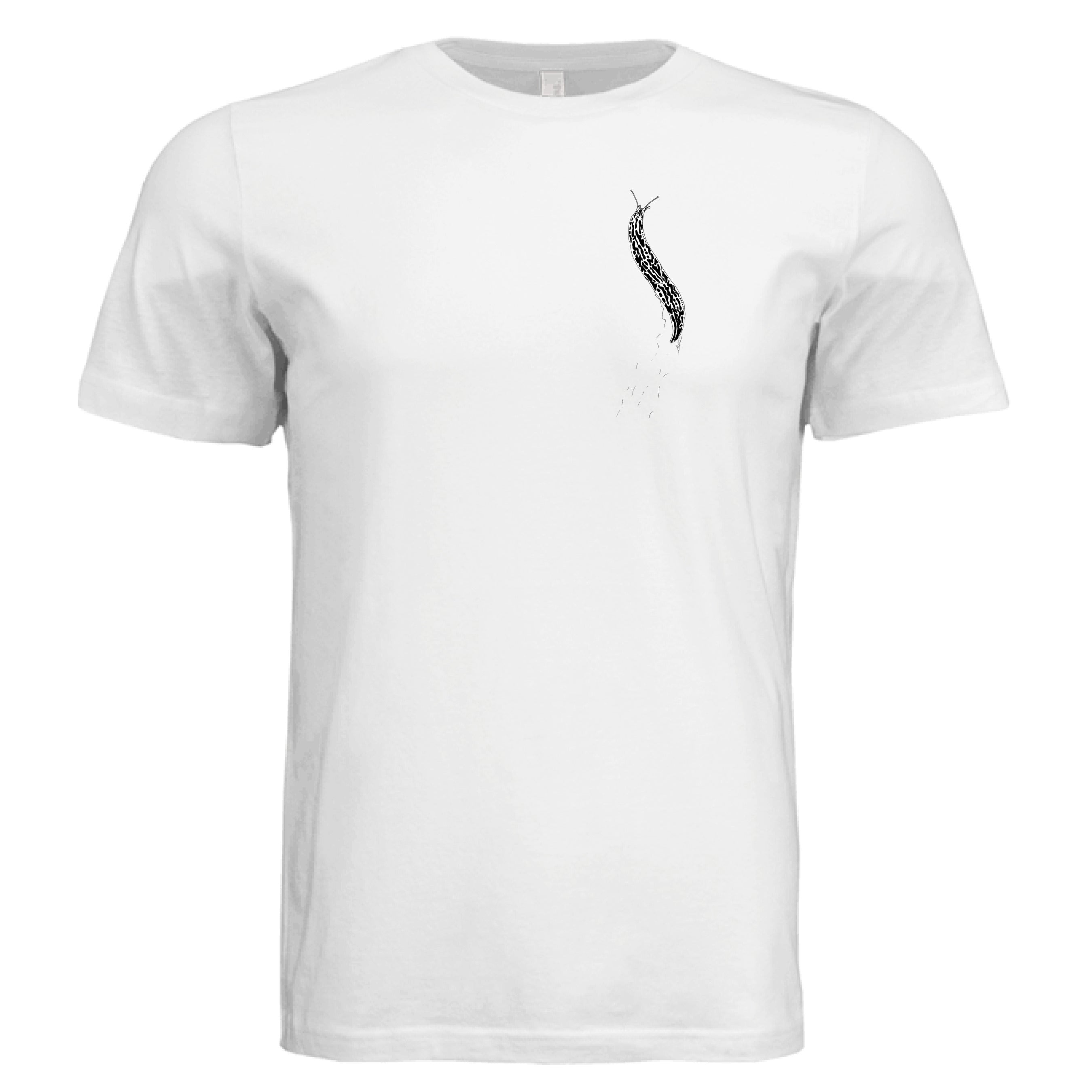 This is the White Banana Slug T-Shirt by Storm Garden Studio. This showcases the front of the shirt. There is a banana slug in black and white on the left chest. There is a large pouch too. It is against a white background.