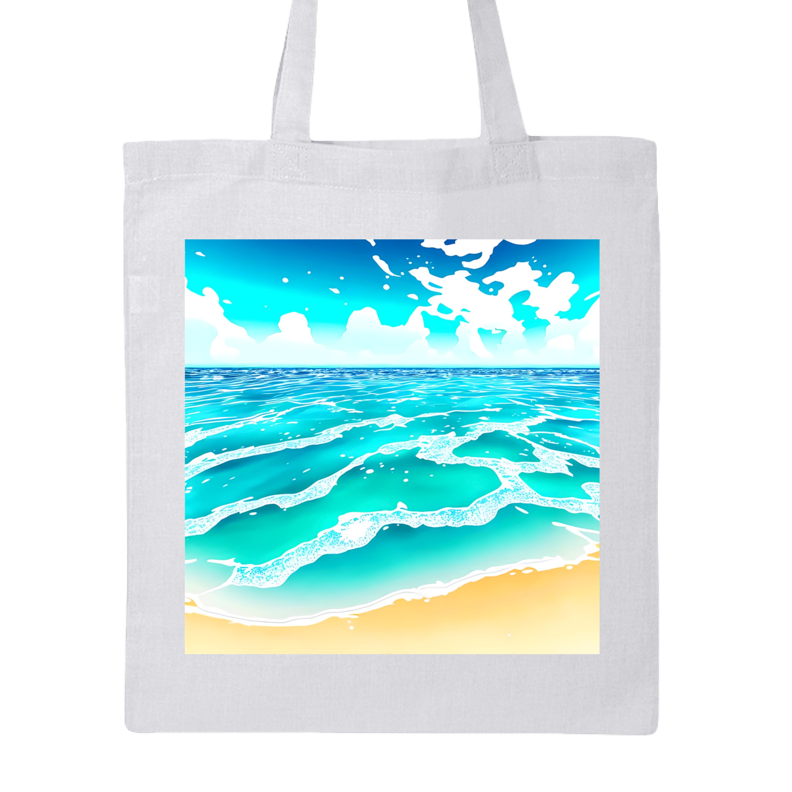 This is the White Beach Life Canvas Tote by Lee Hansheng Studios. This showcases the front of the tote. The squared illustration captures rolling turquoise waves, crisp white foam, and a stretch of golden sand under a brilliant blue sky that has clouds floating in the horizon. The sky is a gradient from light blue to darker blue. The tote is against a white background.