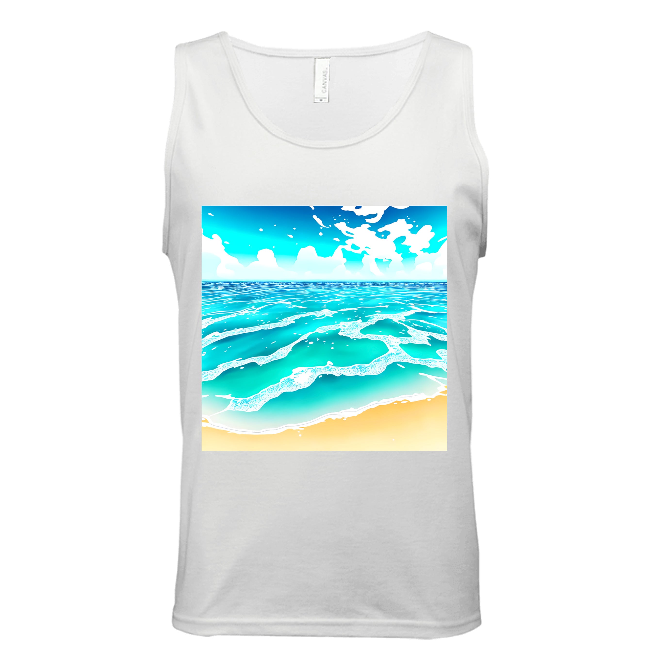 This is the White Beach Life Tank by Lee Hansheng Studios. This showcases the front of the tank. The squared illustration captures rolling turquoise waves, crisp white foam, and a stretch of golden sand under a brilliant blue sky that has clouds floating in the horizon. The sky is a gradient from light blue to darker blue. The tank is against a white background.