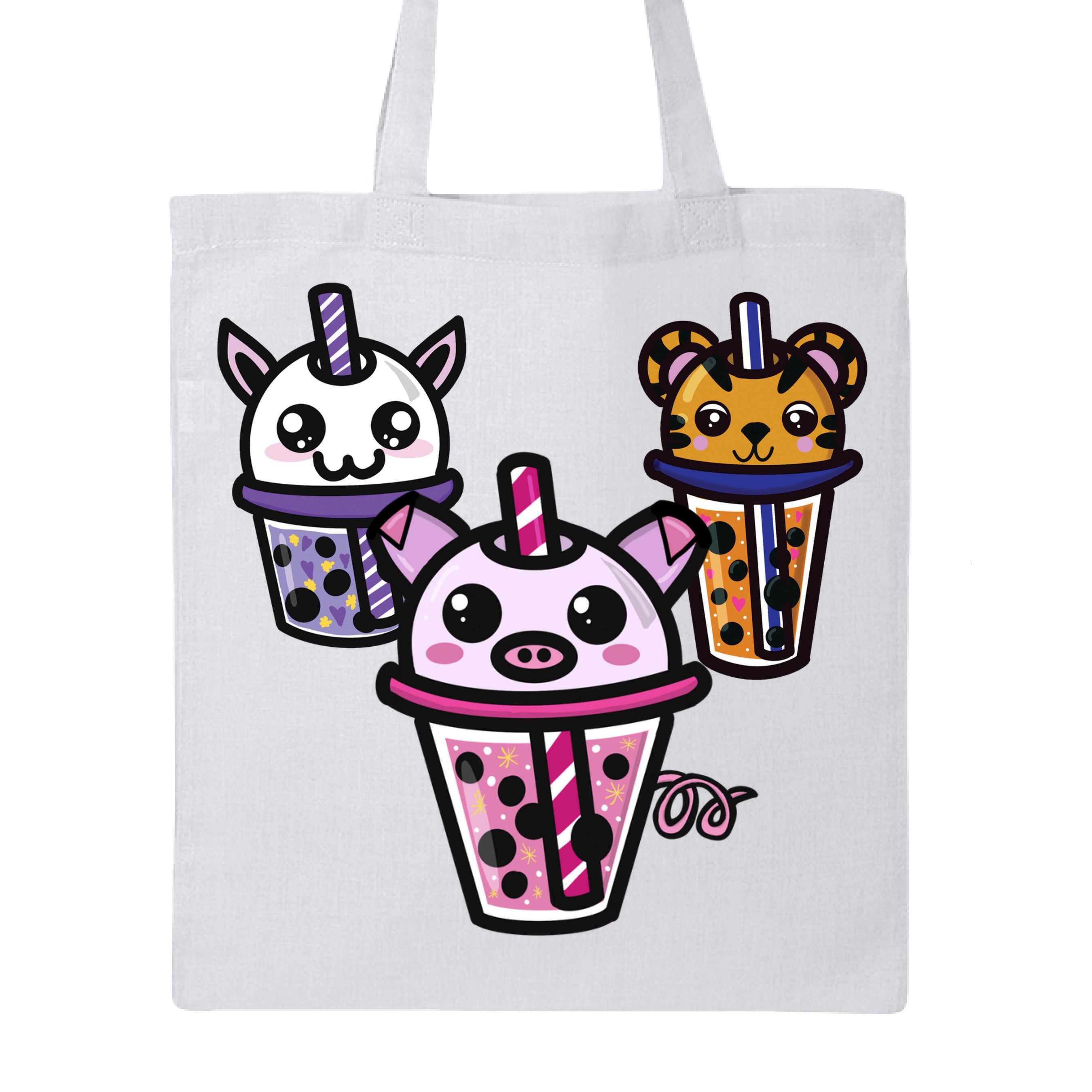 This is the White Boba Friends Canvas Tote by Dazzle & Daggers Design. This is showcasing the front that features three kawaii designs.The Piggy Boba is pink all over and the glass has pink liquid, boba, yellow sparkles,white dots and peppermint swirl like. Thai Tea Tiger is orange, orange liquid, black boba, white dots, red hearts, blue and white striped straw. The Cryptid Boba is white, purple and white swirl straw, purple liquid, black boba, yellow stars and purple hearts.