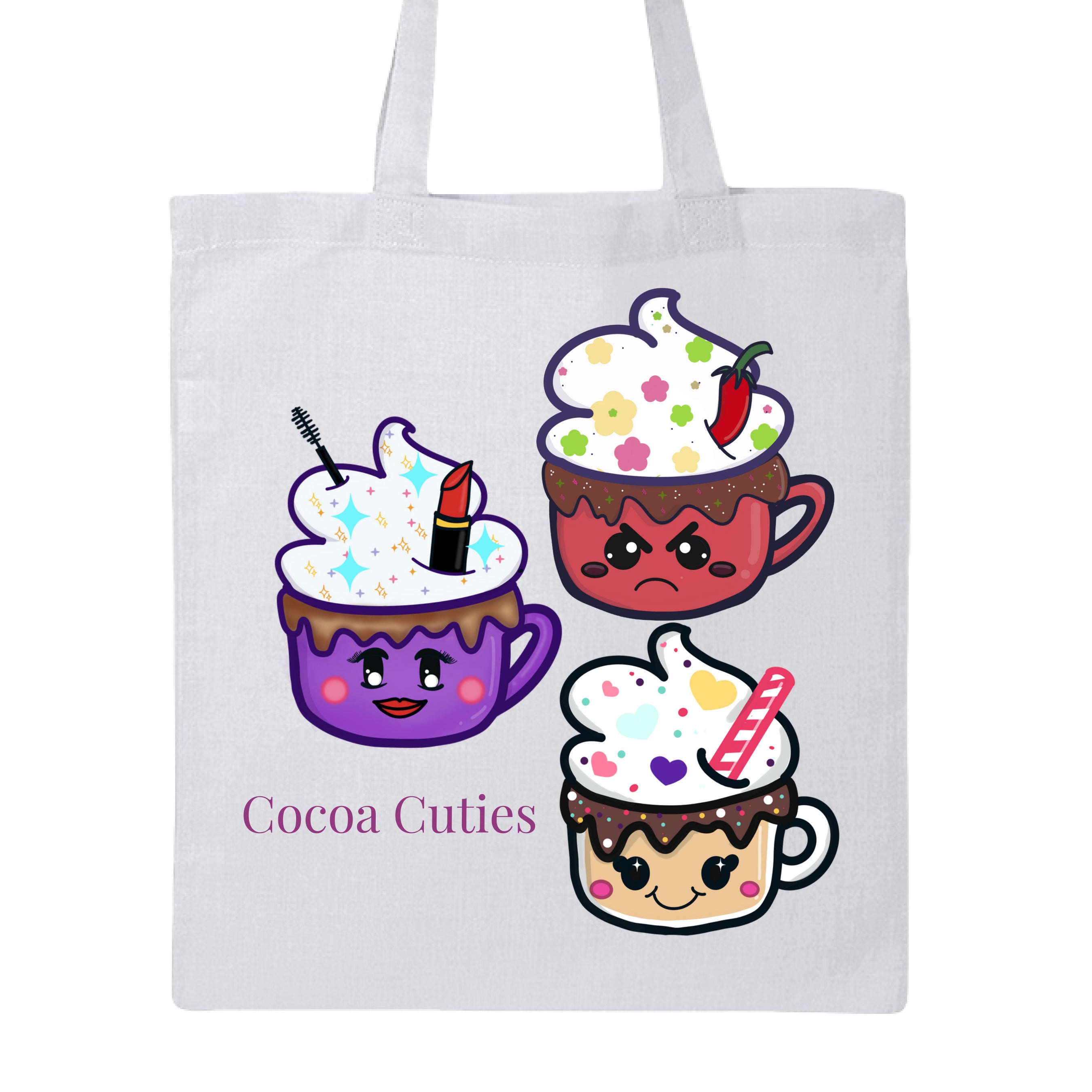 White Cocoa Cuties Canvas Tote by Dazzle & Daggers Design illustrations on the front.Purple cup,smiling face,red lips,round pink cheeks,large eyes w/mascara,w/sparkly toppings,whipped cream,red lipstick,mascara tip.Red cup,angry face,circular eyes,brown oval cheeks,mouth frowning,sparkly chocolate dripping on the cup topped w/flowery whipped cream and a chili.Tan glass cup,dots sprinkled chocolate,hearts whipped cream,red&white straw,cherryface w/pink cheeks,wing tipped eyes."Cocoa Cuties" in purple font.