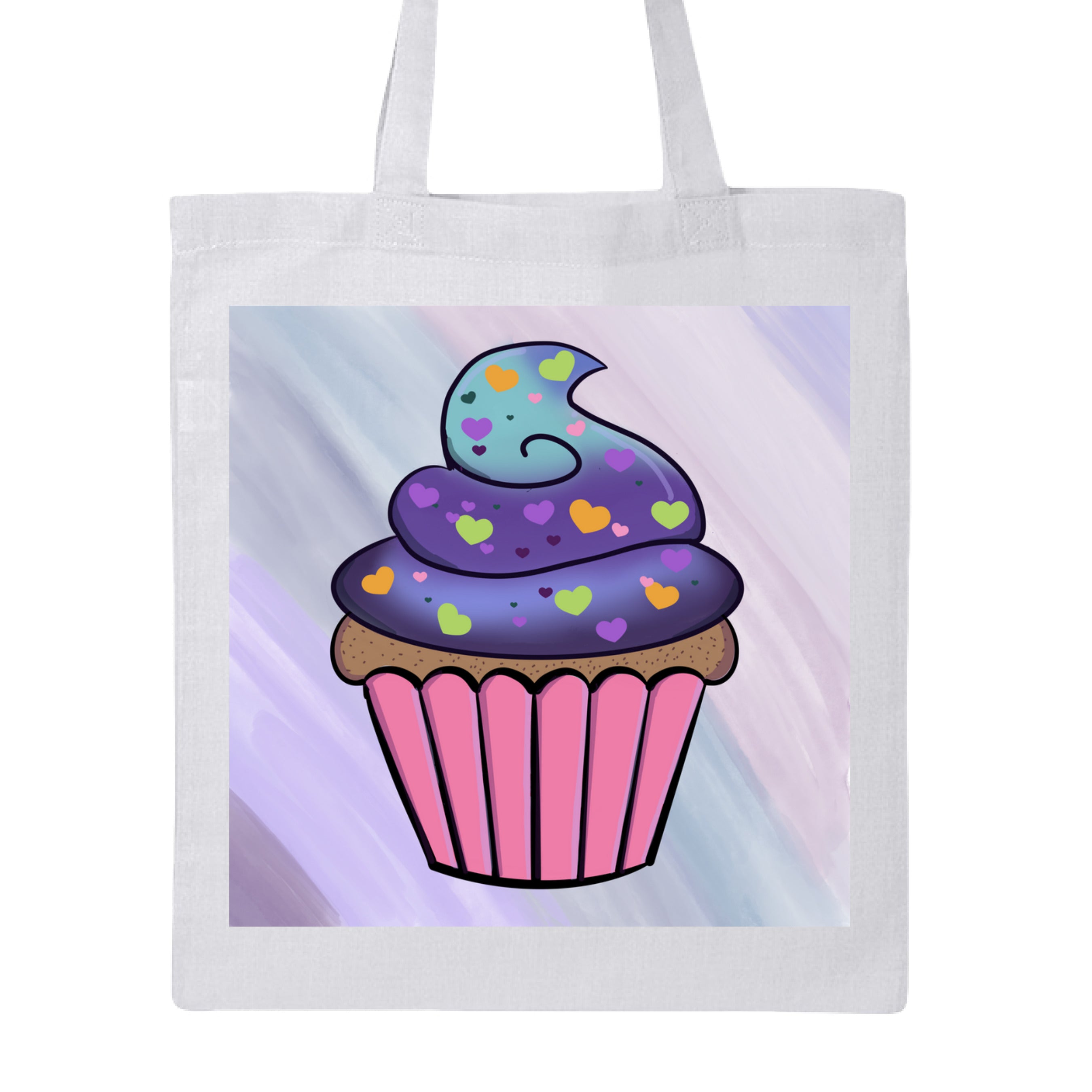 This is the White Cosmic Cupcake Canvas Tote by Dazzle & Daggers Design. This is showcasing the front of the tote. The illustration has a pastel purple, pink, and blue slanted brushstroke background. The cupcate is in the middle with a pink wrapper, brown/tan dotted cupcake with a gradient frosting. The frostin is blue and purple with green, orange, purple, dark purple hearts all over. It is against a white background.