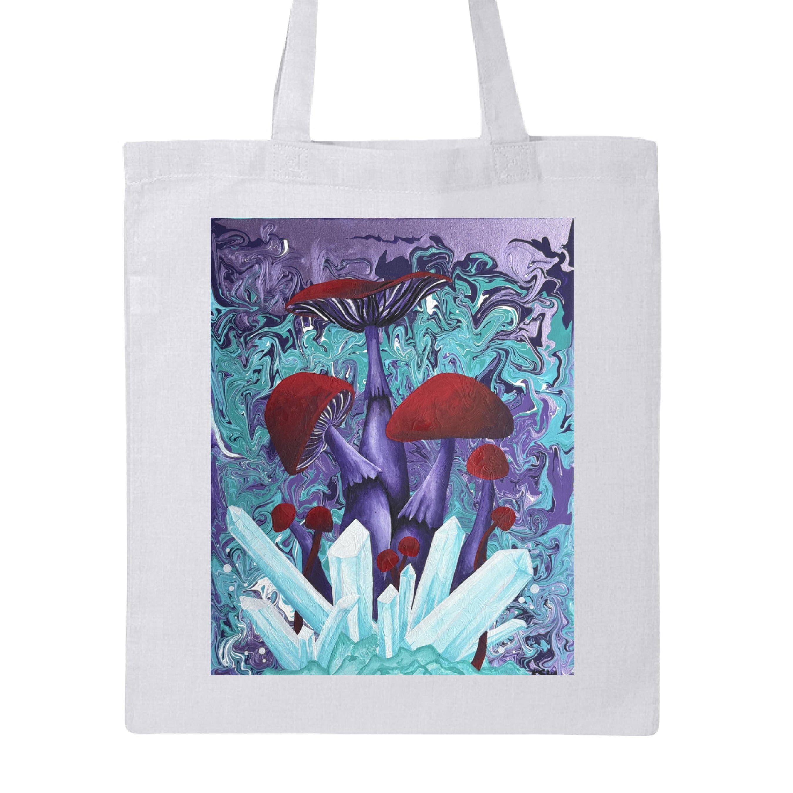 This is the White Crystal Mushrooms Canvas Tote by Storm Garden Studio. This is showcasing the front of the tote. The illustration is rectangular and has a blue, purple, dark purple and white pouring or mixing in the background. In the forefront are blue and white crystals coming up from the ground. Behind that are different sizes of mushrooms, circular, rounded tops and flared with shades of red. The stems of the mushroom are dark purple. The tote is against a white background.