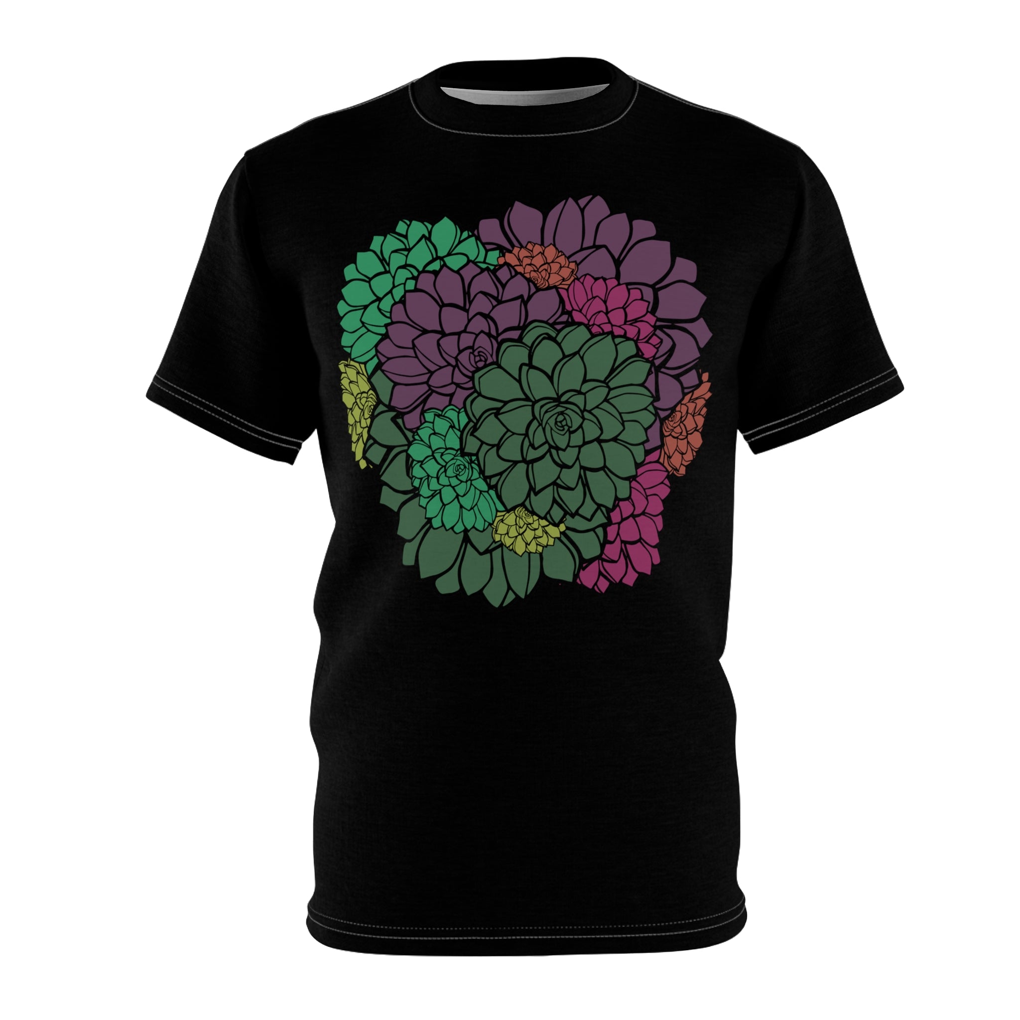 This is the 4 oz Echeveria in Bloom White Stitched Tee by Chris Foster Designs. The image showcases the front of the tee. The illustration is near the top where there are 12 echeveria succulents blooming together. The colors are pastel hues of purple, light green, dark green, red and yellow. The white stitching is shown around the neck, arms and end of the tee. The inside is white showing from the neck and is against a white background.