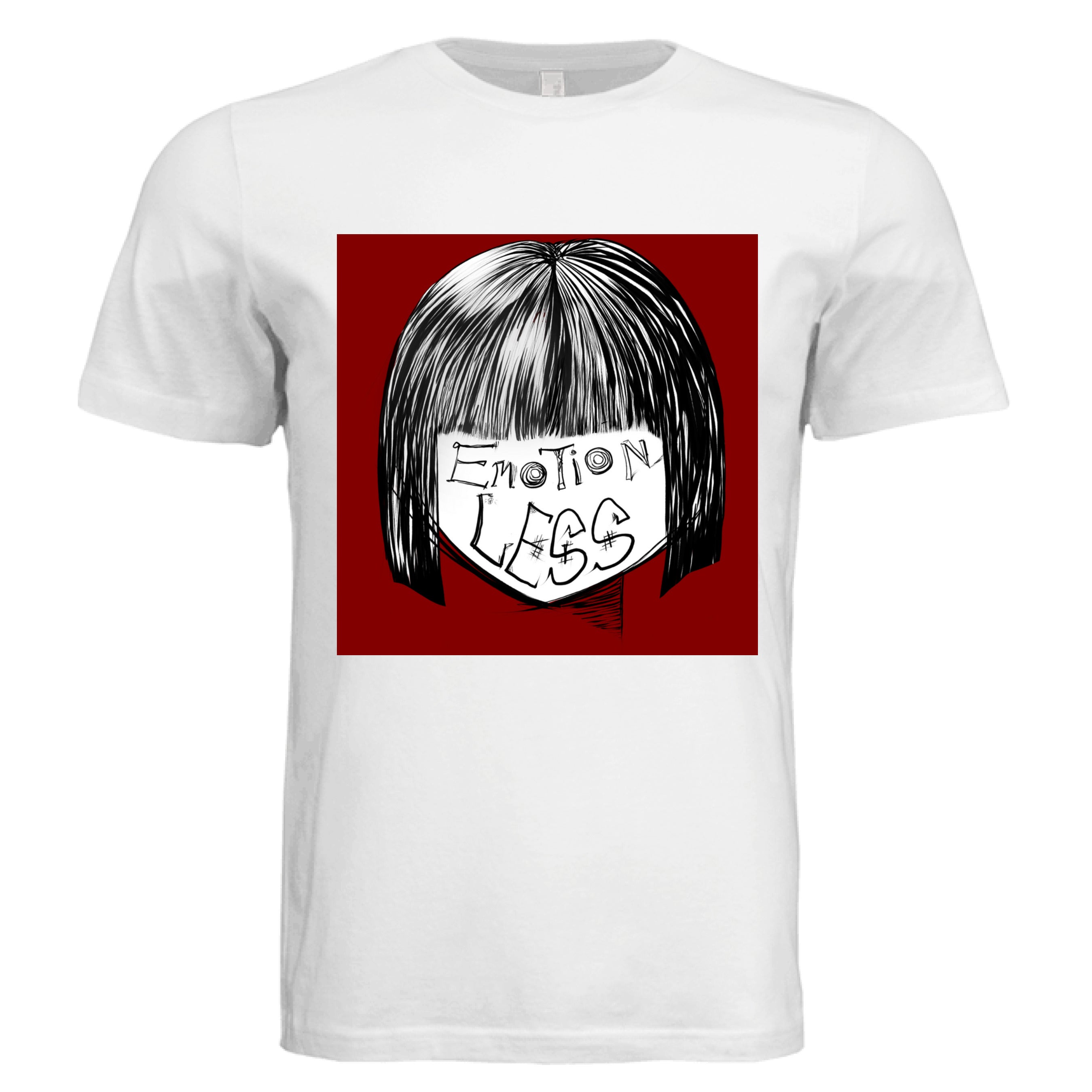 This is the White Emotionless T-Shirt by Lee Hansheng Studios. This is showcasing the front. This illustration is squared and features exploring themes of identity, silence, and hidden emotion through stark contrasts of black, white, and deep red. There are the words,"Emotionless" written in black on the face. Hair is white and black and the background is a dark deep red. The shirt is against a white background.