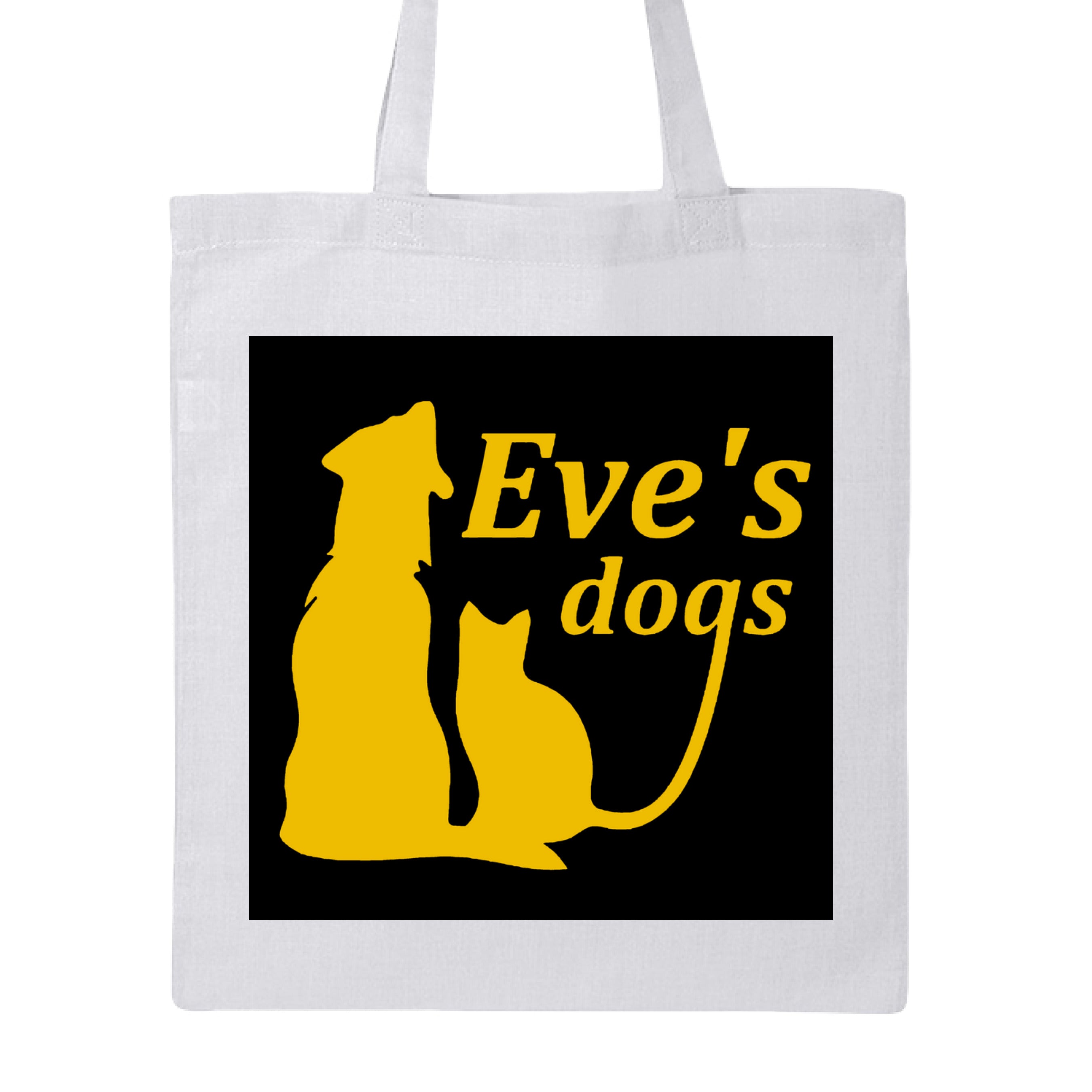 This is the White Adopt Eve's Dogs Canvas Tote to help raise awareness and adopt. This is showcasing the front of the tote. There is an image of their logo which the background is black, yellow writing of "Eve's Dogs". The "g" connects to the tail of the cat who is sitting next to the dog. Both are yellow shadows. The tote is against a white background.