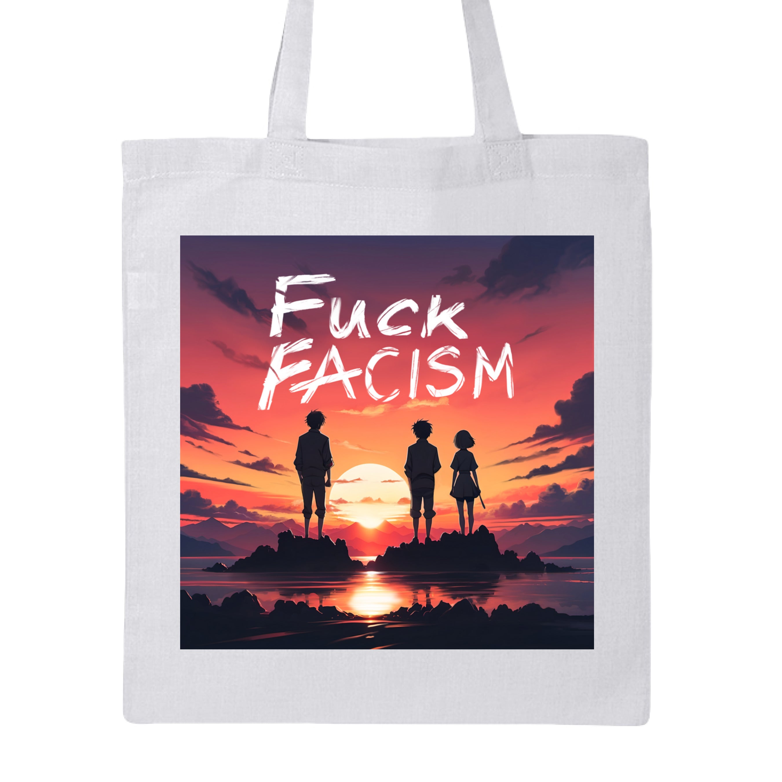 This is the White Fuck Fascism Canvas Tote by Lee Hansheng Studios. This is showcasing the front of the tote. The image is squared. The illustration has a blazing yellow/red sunset sky, three figures, two guys, one lady stand united, their silhouettes facing towards the sunset on rocky land floating in the middle of the water. The words in white, "FUCK FACISM" near the top. Clouds surrounding the right and left of the image. It is against a white background.