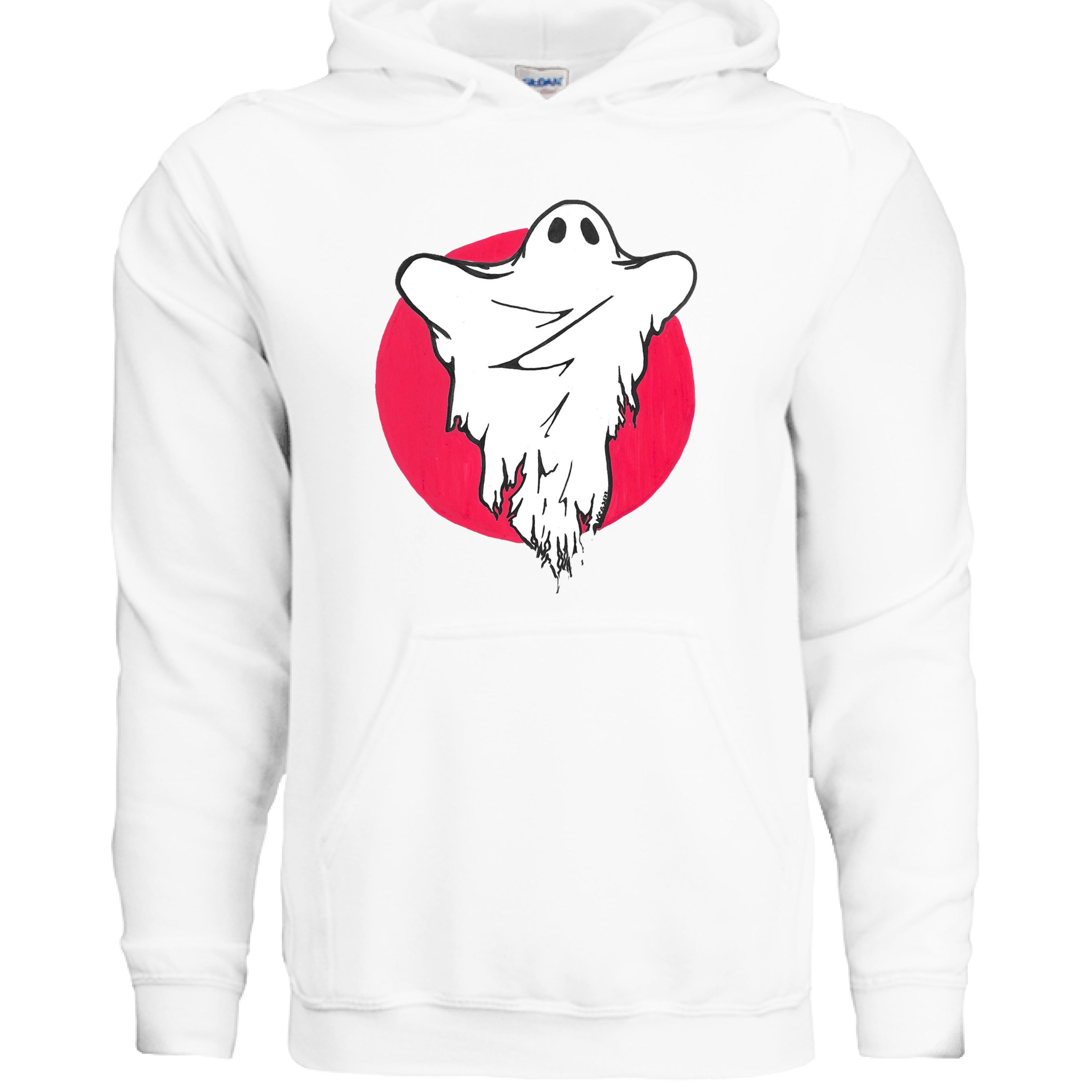 This is the White Ghost Hoodie by Storm Garden Studio. This is showcasing the front of the hoodie. The illustration has a red circular background and a white ghost with black outline and black wrinkling around the middle. There are two drawstrings on the hoodie and a large pouch under the illustration. It is against a white background.