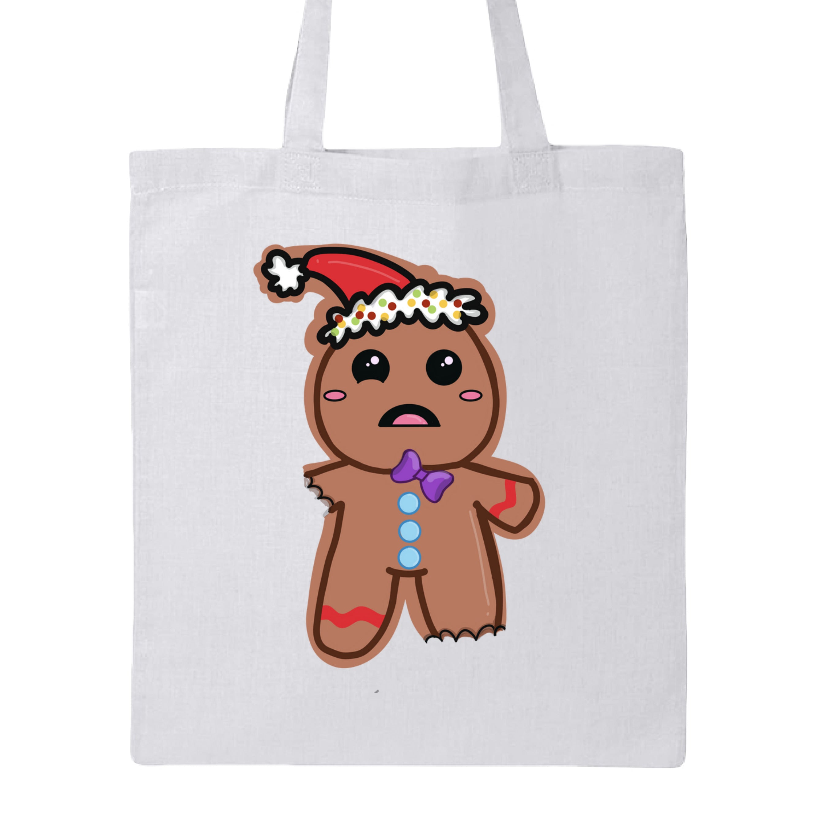 This is the White Ginger Bread,Ginger Dead Canvas Tote by Dazzle & Daggers Design.This is showcasing the back of the tote.The illustration is of a brown ginger bread who is wincing in pain.The left leg and right leg have been bitten off.It's wearing a santa hat with a white puff on the tip and around the hat.The puff around the hat is polka dotted with yellow,red and green.The gingerbread has oval pink cheeks,open mouth,pink tongue,slanted purple tie,three light blue bottons through the middle of the body.