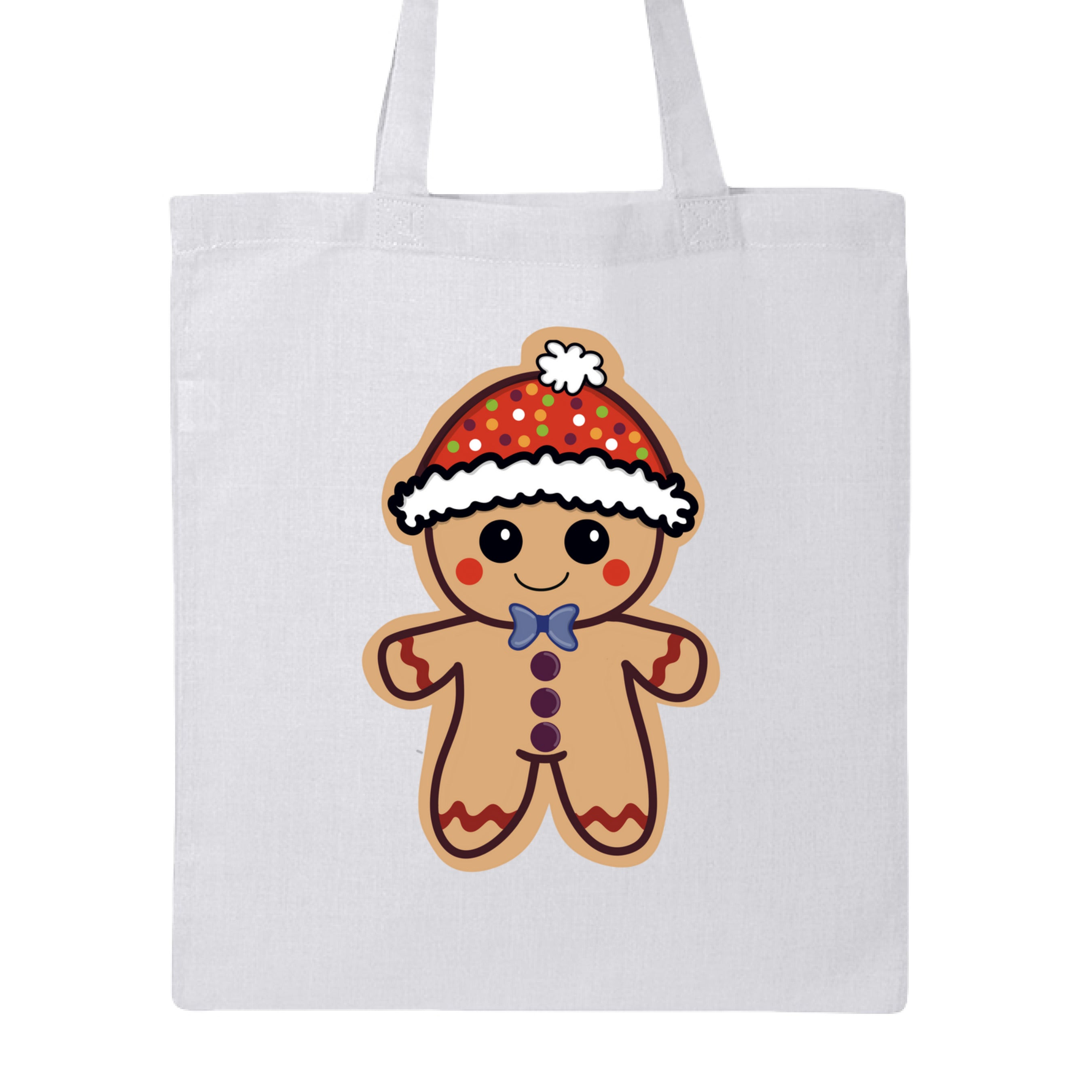 This is the White Ginger Bread, Ginger Dead Canvas Tote by Dazzle & Daggers Design. This is showcasing the front of the tote. The illustration is of a tan ginger bread who is smiling, red circular cheeks, red zigzags on arm and legs. The gingerbread man is wearing a polka dotted hat with a white puff and lining around the hat. The polka dots are green, blue, purple white and orange. It is against a white background.