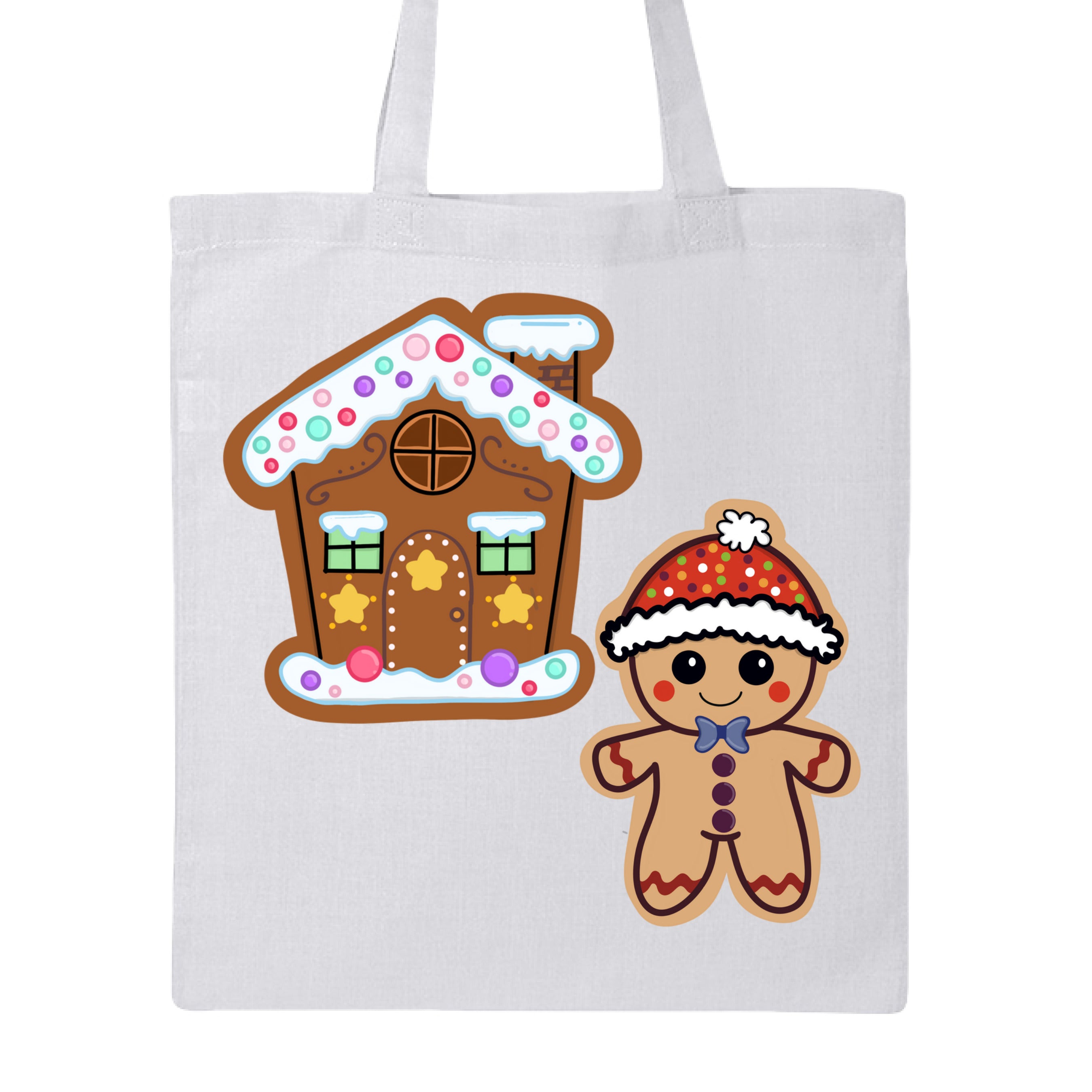This is the White Ginger Home Canvas Tote by Dazzle & Daggers Design.Showcasing the front of the tote.One is a tan ginger bread,smiling,red circular cheeks,red zigzags on arm and legs.Gingerbread man is wearing a polka dotted hat w/a white puff and lining around the hat.The polka dots are green,blue,purple,white and orange.Gingerbread house is dark brown w/two green glass windows,yellow stars,intricate designed window,snow on the chimney,below the house/roof is spotted snow in red,green,yellow and orange.
