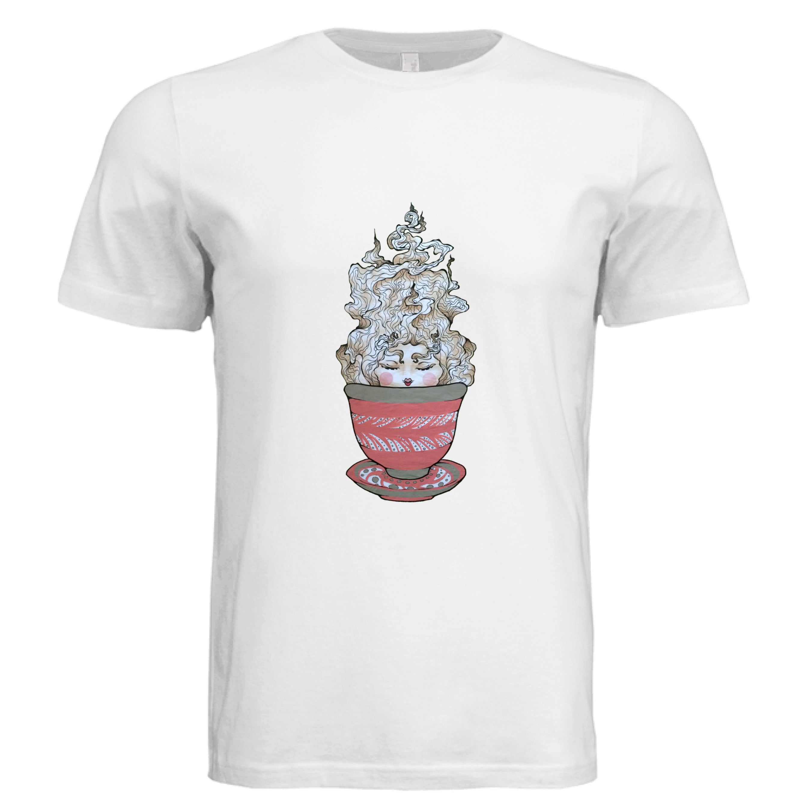 This is the White Green Tea T-Shirt by Chris Foster Design. This is showcasing the front of the shirt. The illustration is a tea sprite. There's a woman's face with curly hair/steam that is white and tan/beige inside an intricately designed pink/red teacup with a saucer that has white and black dashes or swirl patterns. The size label can be seen from the front and inside of t-shirt. The shirt is against a white background.