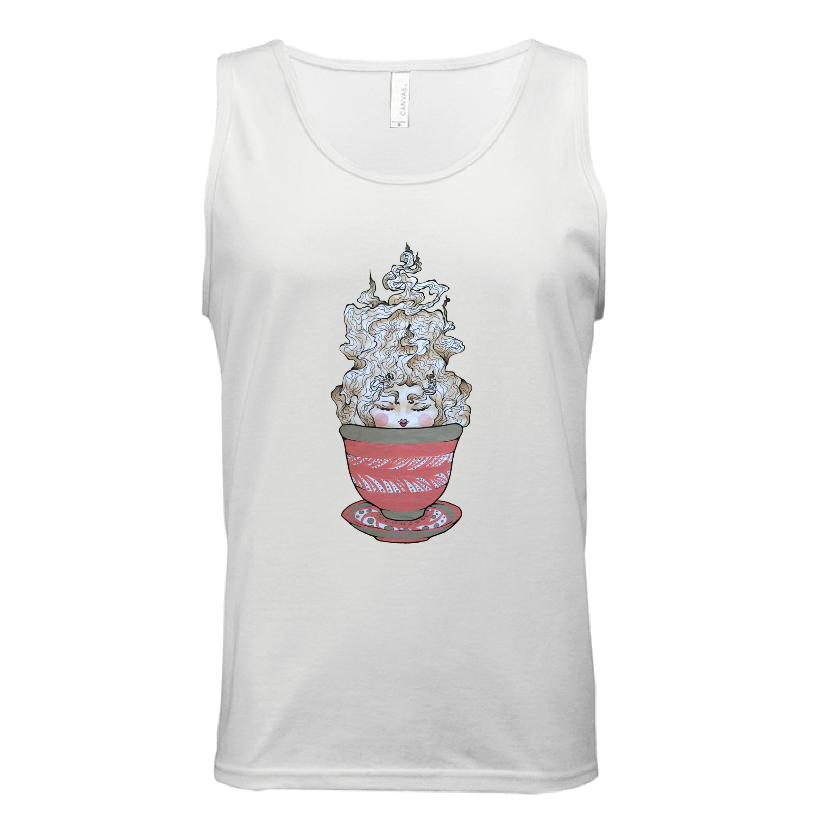 This is the White Green Tea Tank by Chris Foster Design. This is showcasing the front of the tank. The illustration is a tea sprite. There's a woman's face with curly hair/steam that is white and tan/beige inside an intricately designed pink/red teacup with a saucer that has white and black dashes or swirl patterns. The size label can be seen from the front and inside of tank. The tank is against a white background.