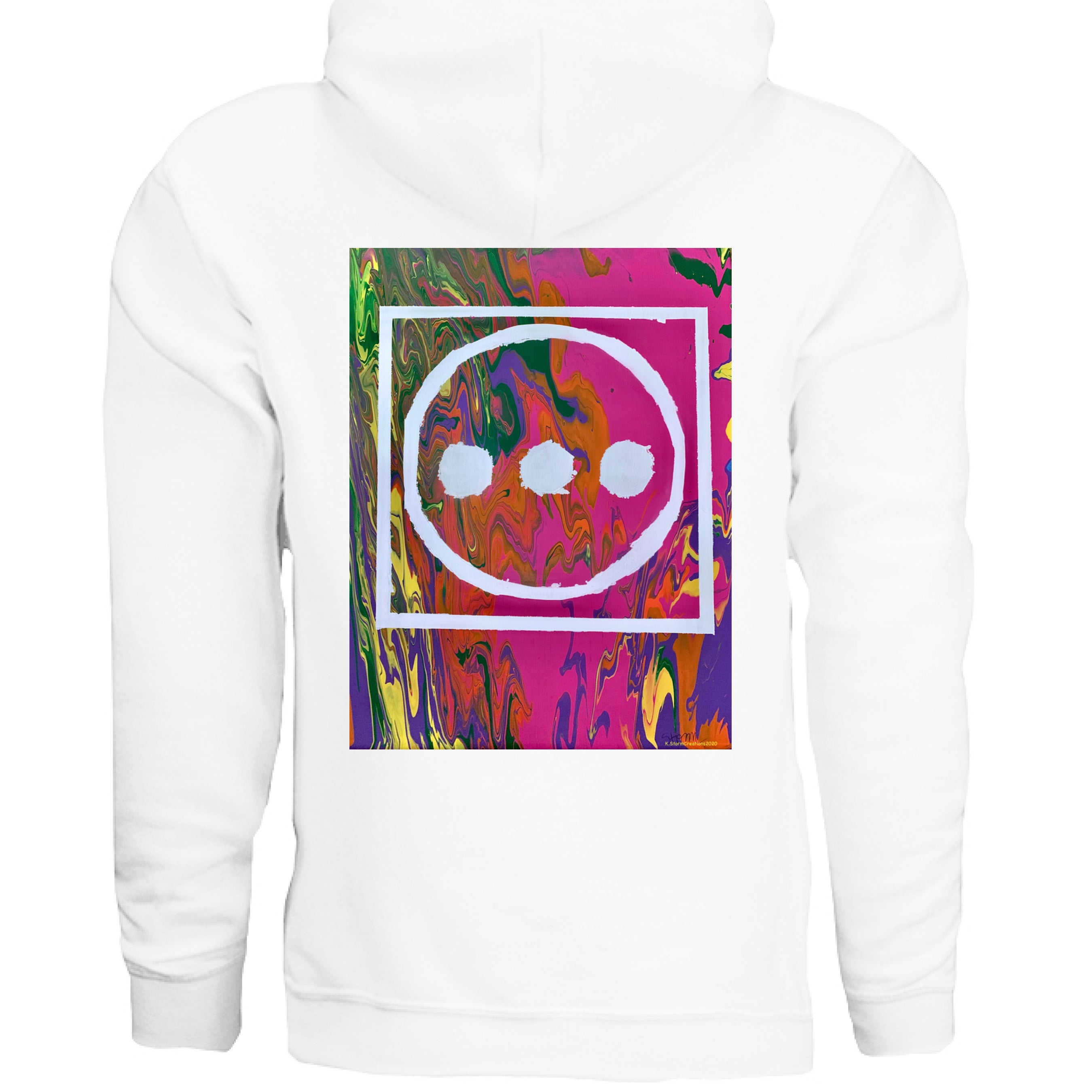 This is the White High Hoodie by Storm Garden Studio. This image is showcasing the back of the hoodie. The illustration is vibrant with pink, orange, yellow, green and purple colors in the background with "...", outlined circle and outline square in white. There's a hood above the illustration and there's nothing below the illustration. It is against a white background.