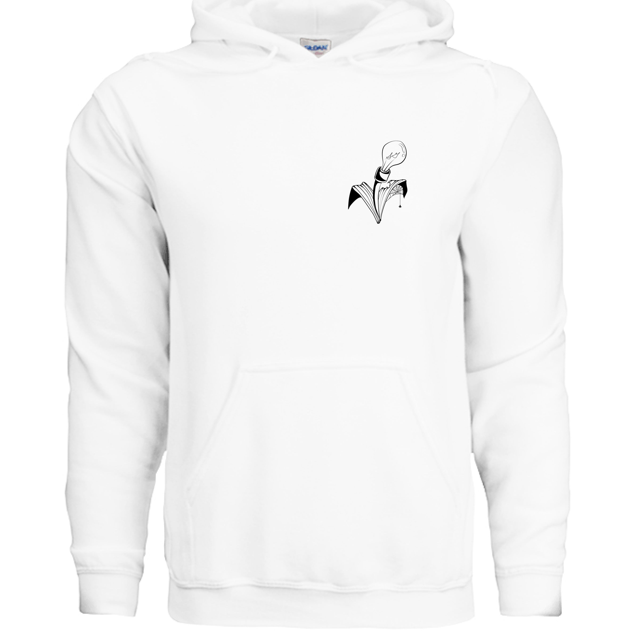 This is the White High Hoodie by Storm Garden Studio. This image is showcasing the front of the hoodie. There are two drawstrings attached to the hood with a large pouch from the middle to the bottom. On the left breast pocket is the image of the studio logo. The logo is a plant that has two leaves, one of the leaves is bitten with a spiderweb and spider on the it. The flower of the plant is a lightbulb. The logo is all in black and against a white background.