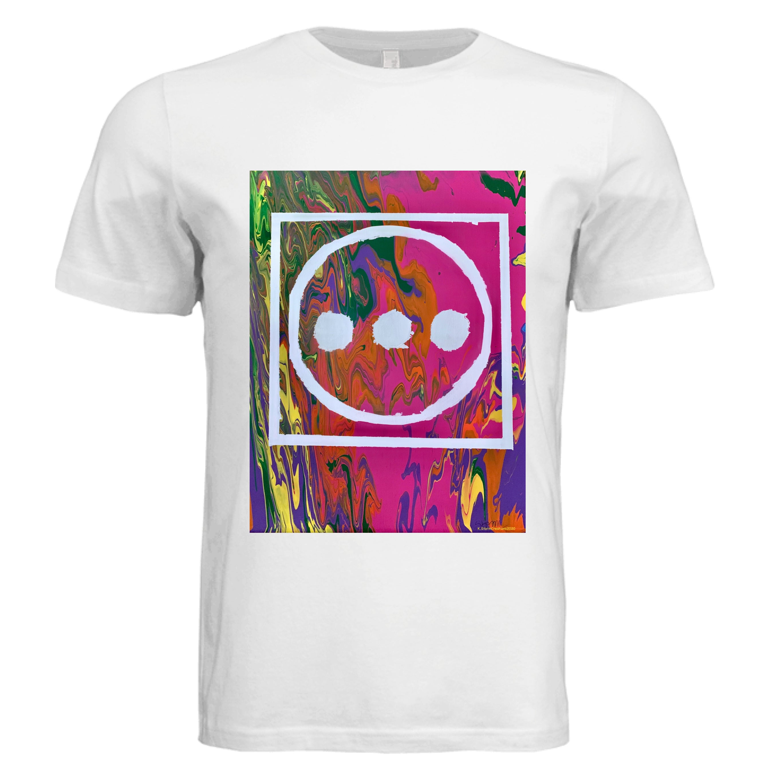 This is the White High T-Shirt by Storm Garden Studio. This image is showcasing the front of the shirt. The illustration is vibrant with pink, orange, yellow, green and purple colors in the background with "...", outlined circle and outline square in white. It is against a white background.