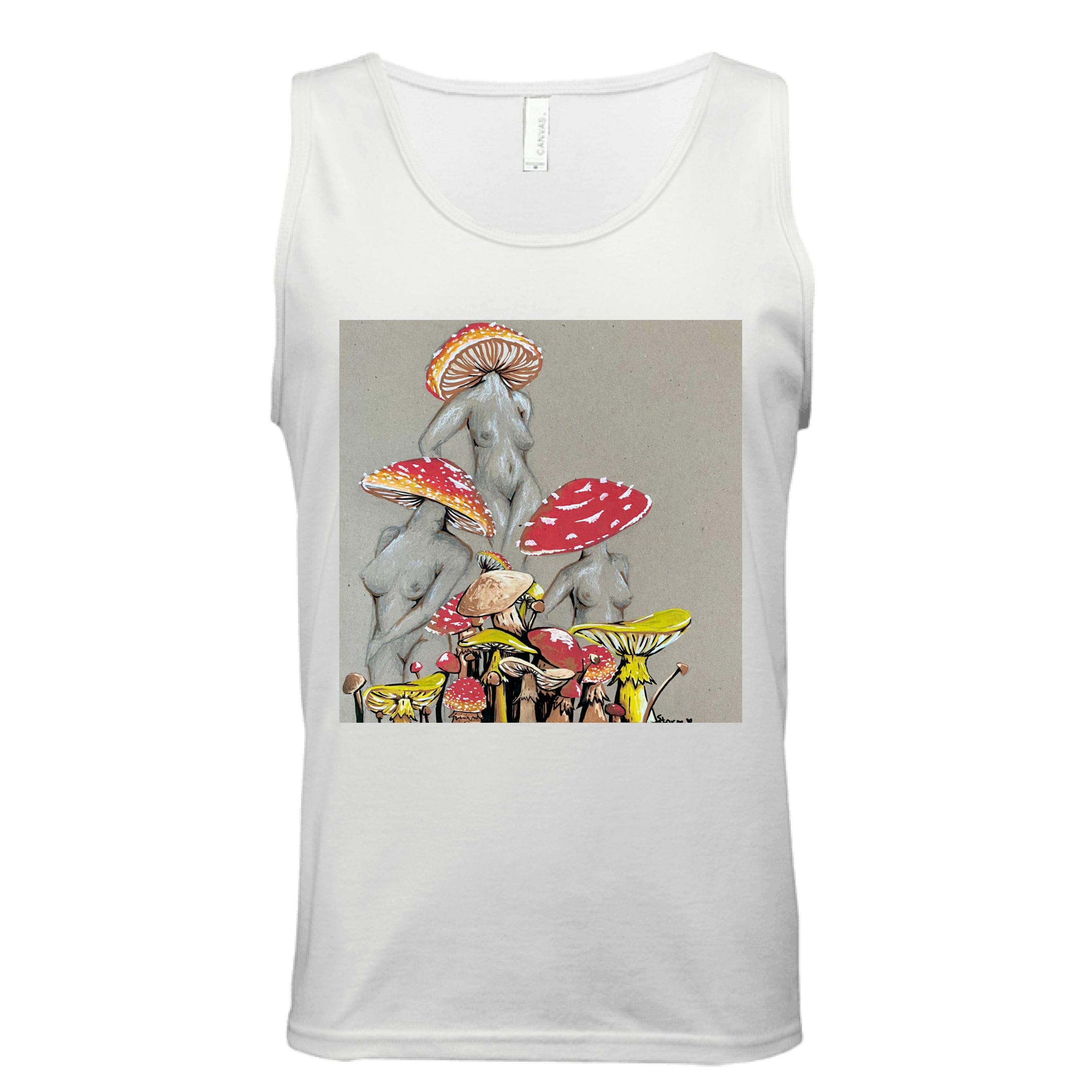 This is the White Miss Amanita Tank by Storm Garden Studio. This is showcasing the front. This illustration is on tan/grey background. There are three fusions of female human anatomy and mushroom fungi. Their heads are different styles of mushrooms, bodies are a gray/white outlined in brown. Below are different mushrooms and shapes with a mix of tan, red, white and yellow colors. It is against a white background.