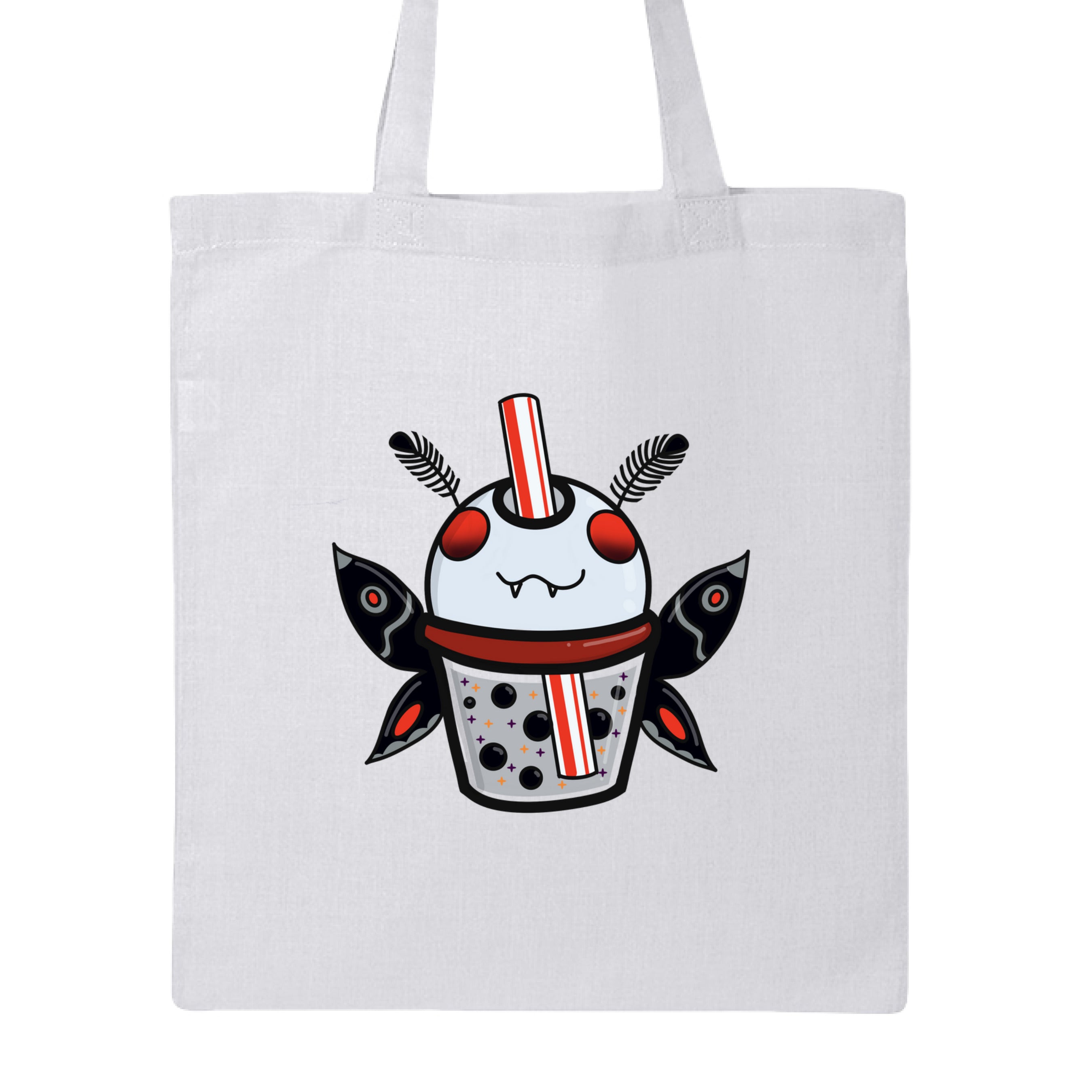 This is the White Mothman Boba Canvas Tote by Dazzle & Daggers Design. This is showcasing the front of the tote. There is an illustration of a moth boba that is gray, red eyes, inside the glass is gray with black boba, red dots, black, red, gray both wings and fluffly black antennas, red and white striped straw. It is against a white background.