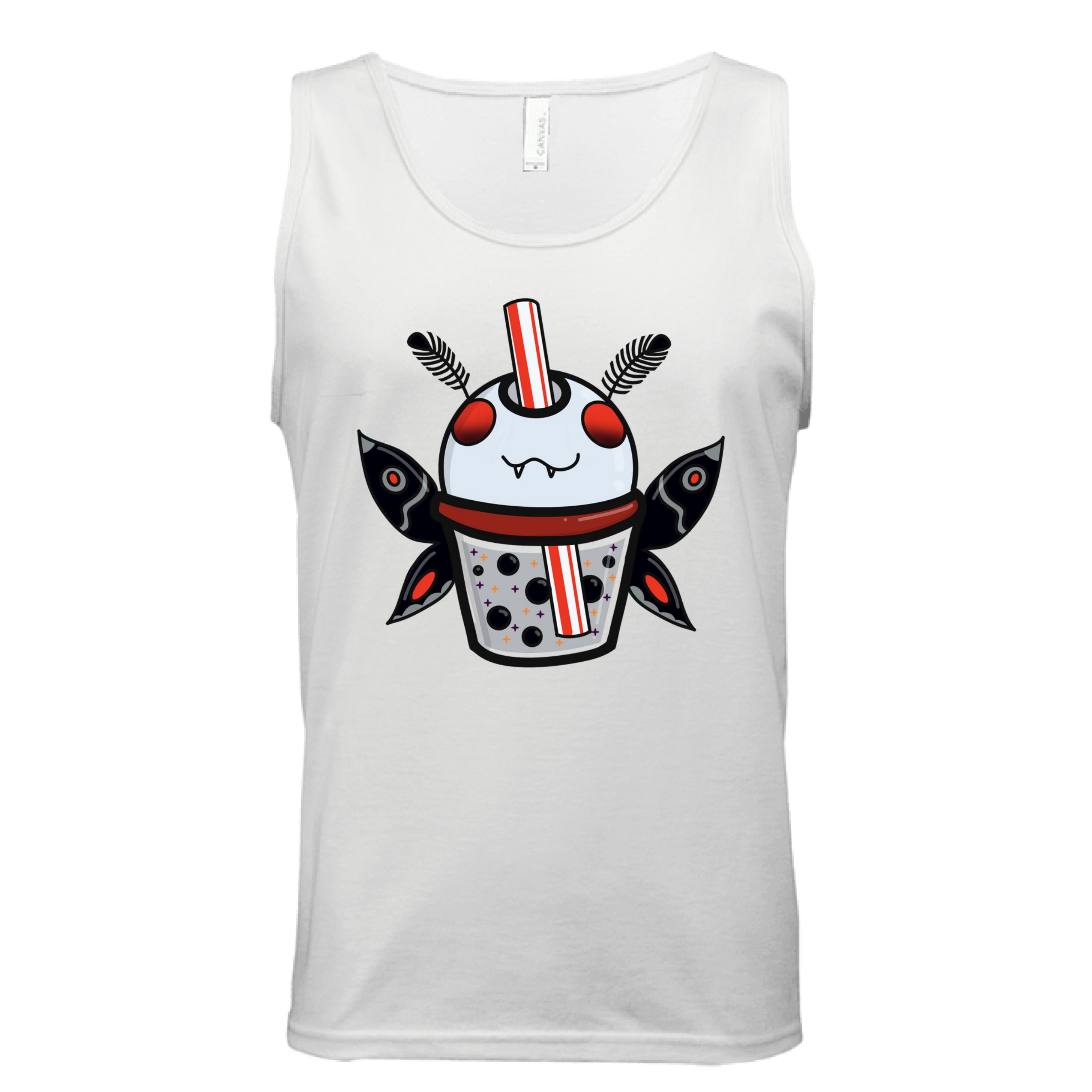 This is the White Mothman Boba Tank by Dazzle & Daggers Design. This is showcasing the front of the tank. There is an illustration of a moth boba that is gray, red eyes, inside the glass is gray with black boba, red dots, black, red, gray both wings and fluffly black antennas, red and white striped straw. It is against a white background.