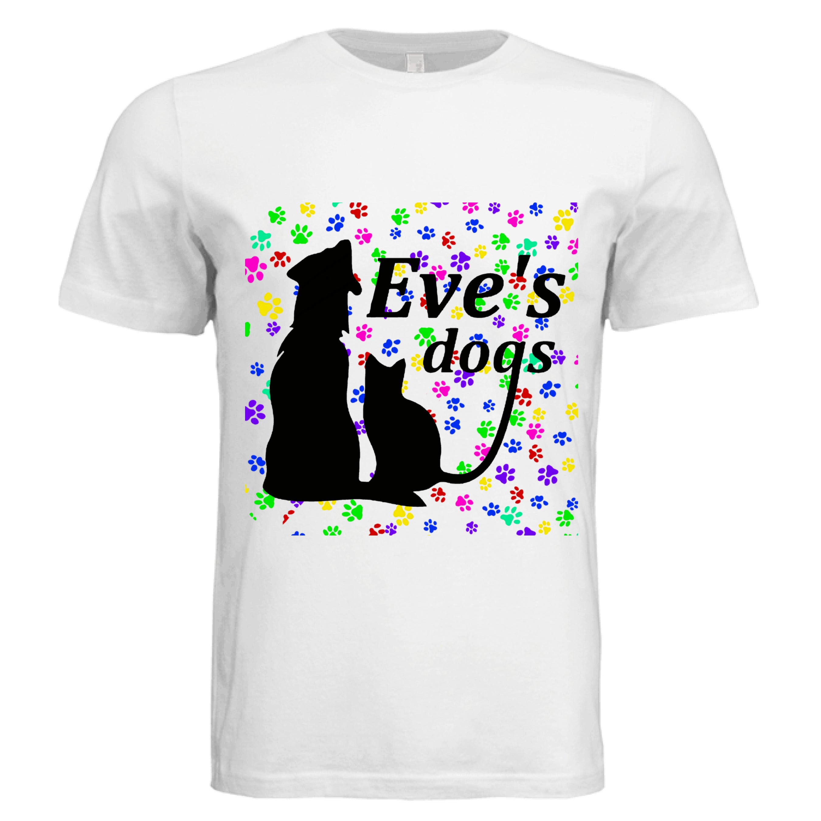 This is the White Paws on Paws Adopt Eve's Dogs T-Shirt to help raise awareness and adopt. This is showcasing the front of the shirt. There is an image of their logo which is in black writing of "Eve's Dogs". The "g" connects to the tail of the cat who is sitting next to the dog. Both are black shadows. The background is colorful paw prints which is bright green, blue pink, yellow and red. The white size label can be seen at the inside of the shirt. It is against a white background.
