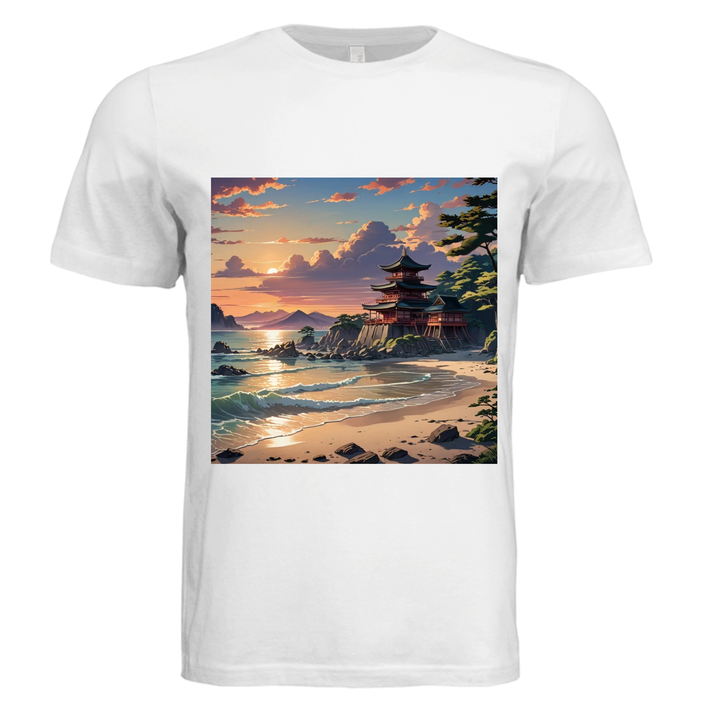 This is the White Temple of Peace Muscle Tank by Lee Hansheng Studios. This is showcased from the front. The illustration in the forefront are crashing light blue, white waves hitting the tan beach, scattered rocks lining the beach to the right where trees are peaking out. In the back is a temple on rocky land that is red with green/black tops. In the background are more mountains and fluffy clouds with the sun rising. The sky is mixed with blue, yellow and red colors.It is against a white background.