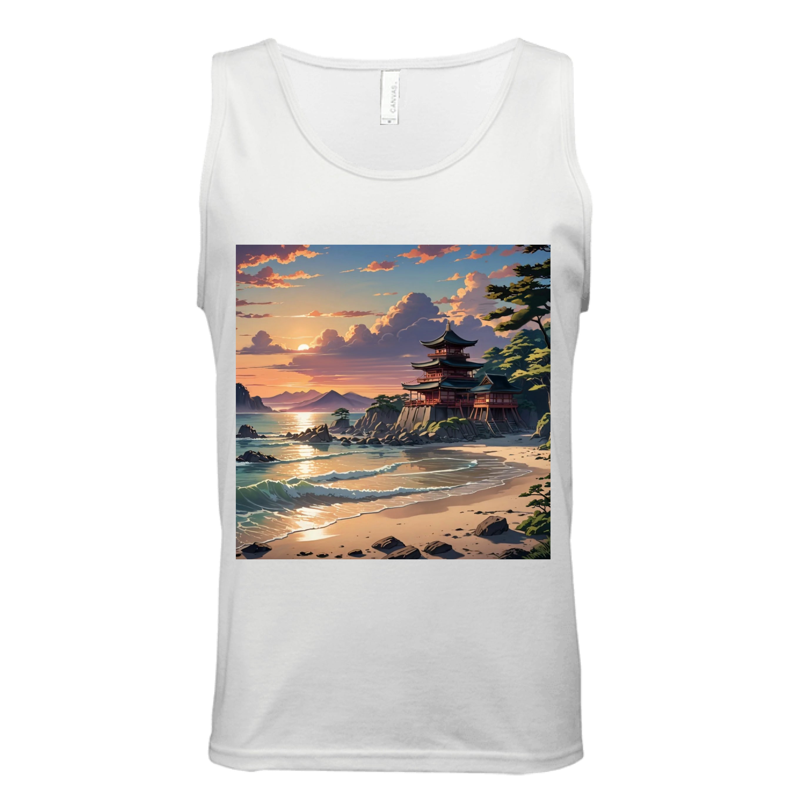 This is the White Temple of Peace Tank by Lee Hansheng Studios. This is showcased from the front. The illustration in the forefront are crashing light blue, white waves hitting the tan beach, scattered rocks lining the beach to the right where trees are peaking out. In the back is a temple on rocky land that is red with green/black tops. In the background are more mountains and fluffy clouds with the sun rising. The sky is mized with blue, yellow and red colors. It is against a white background.