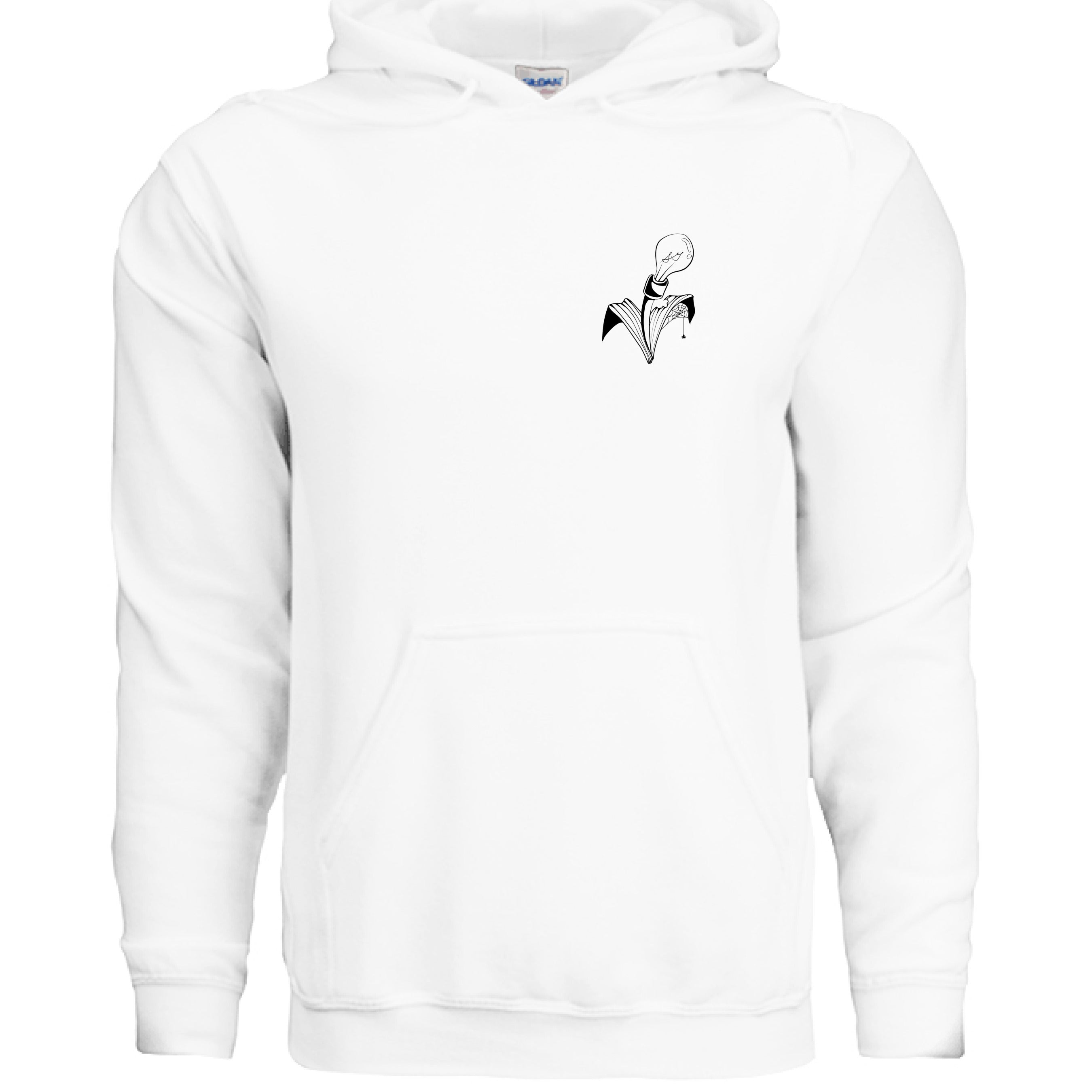 This is the White The City by Storm Garden Studio. This image is showcasing the front of the hoodie. There are two drawstrings attached to the hood with a large pouch from the middle to the bottom. On the left breast pocket is the image of the studio logo. The logo is a plant that has two leaves, one of the leaves is bitten with a spiderweb and spider on the it. The flower of the plant is a lightbulb. The logo is all in black and against a white background.