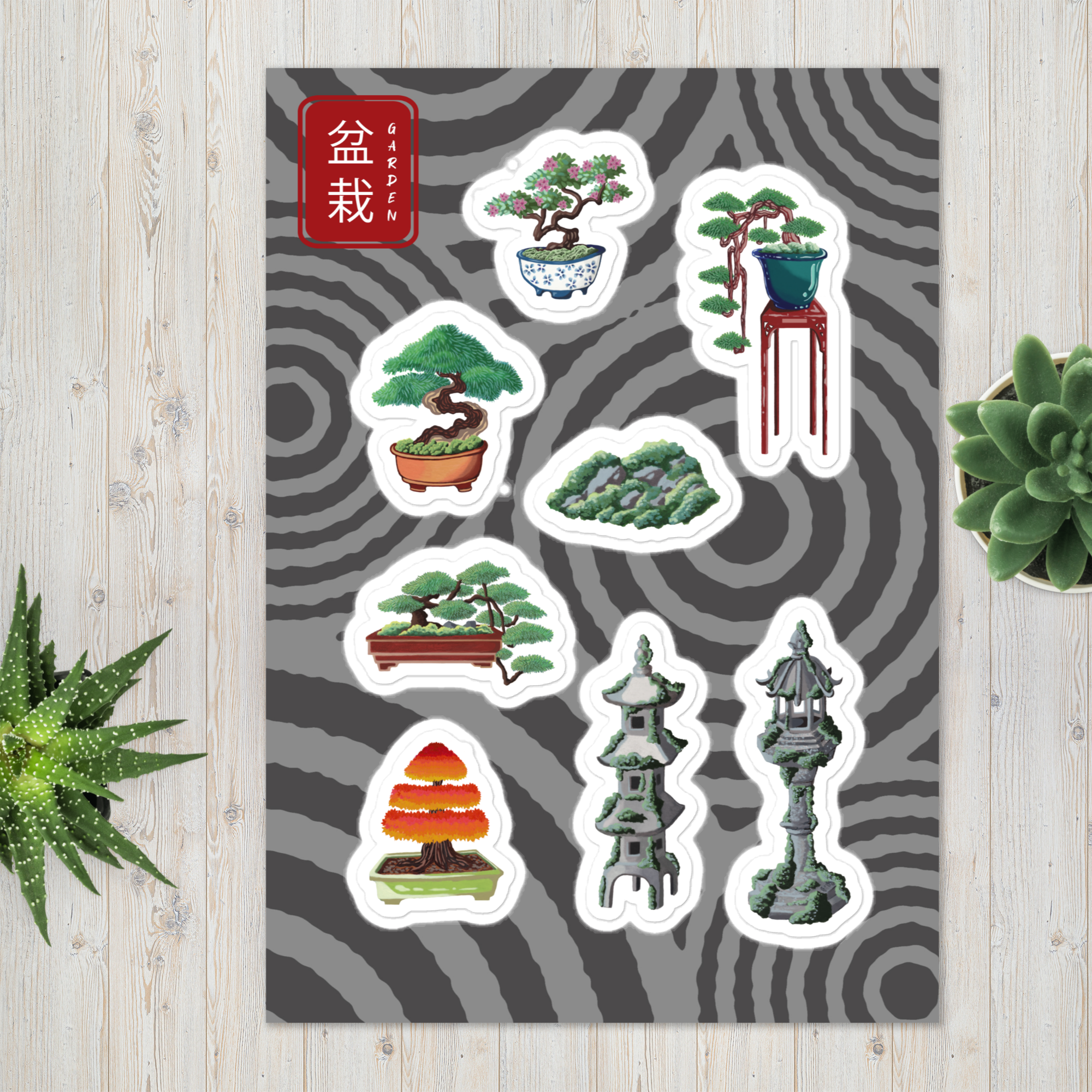 Product mockup of bonsai sticker sheet