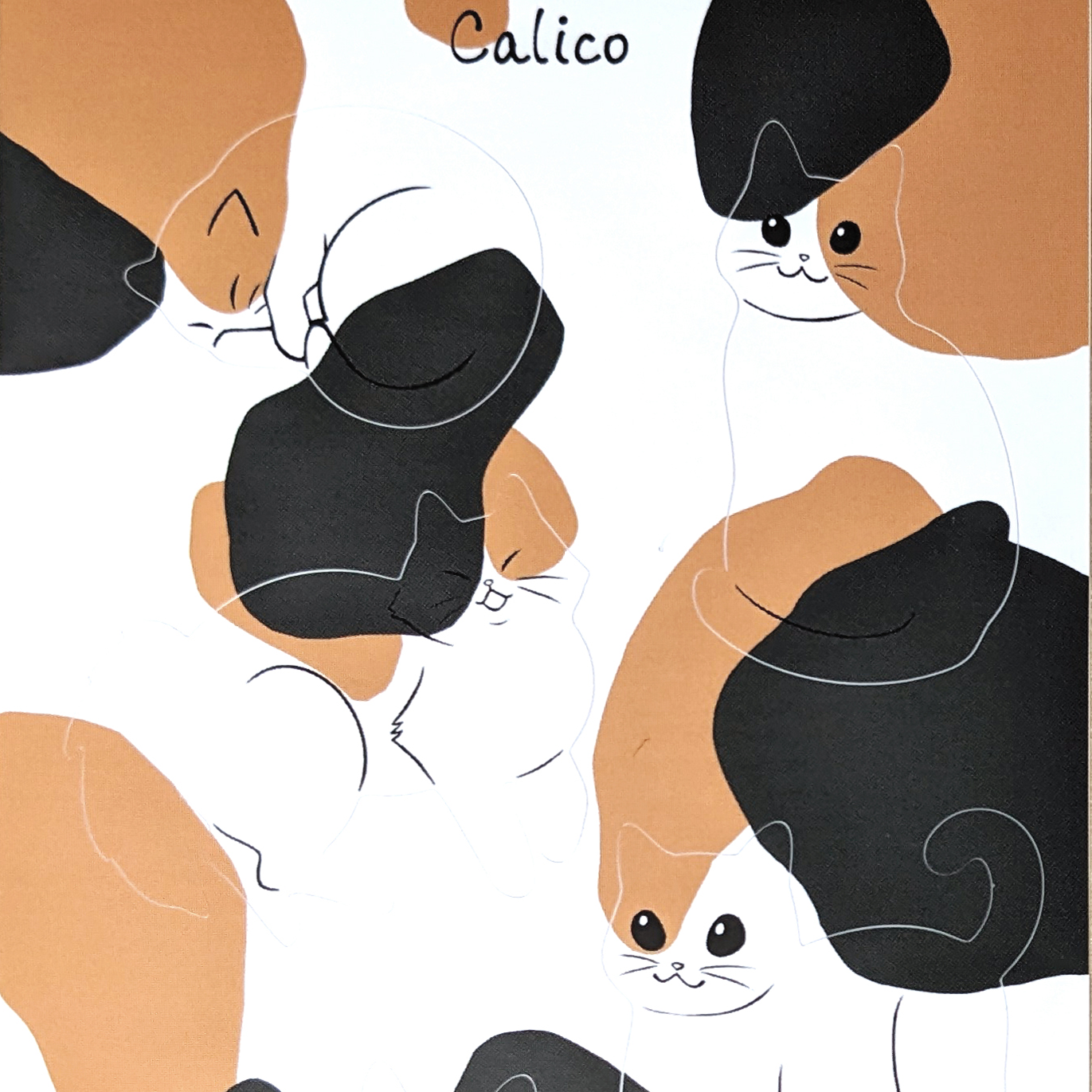 Illustrations of calico cats in various poses on a white background