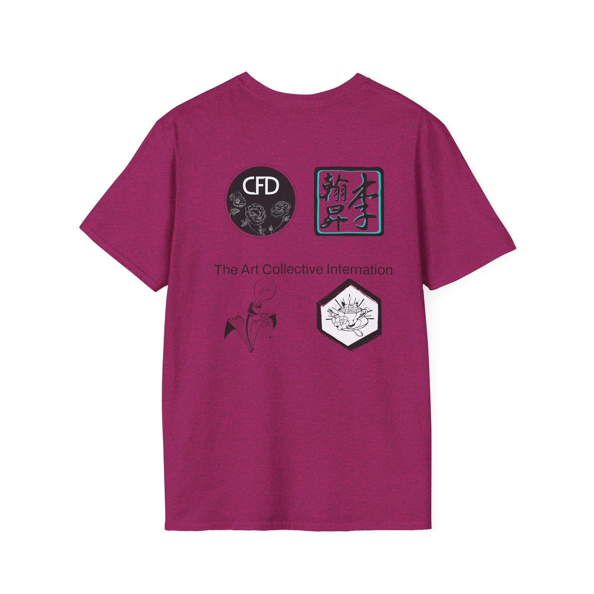 This is a Antique Heliconia ACI T-Shirt showcasing the back of it. There are the four studios' logos. The logos are printed in mostly black and white. There is one logo that is outlined in a bright blue. There are two logos then print and then two other logos located on the upper part of the shirt. In between the logos, printed in black is "The Art Collective International". 