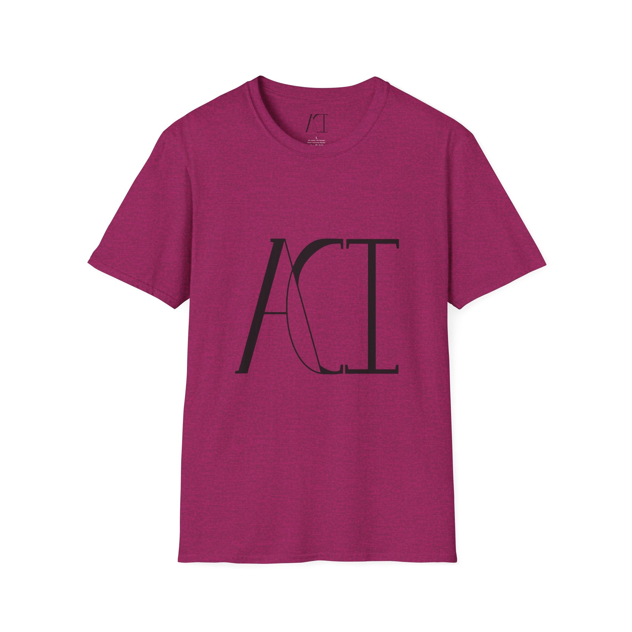 This is the Antique Heliconia ACI T-Shirt that shows an image of the front. The size label and ACI logo printed on the inside of the shirt. The size label print is white whereas the logo is black. The middle of the shirt has a large printed ACI logo in black. The rest of the shirt is the same color that was specified.