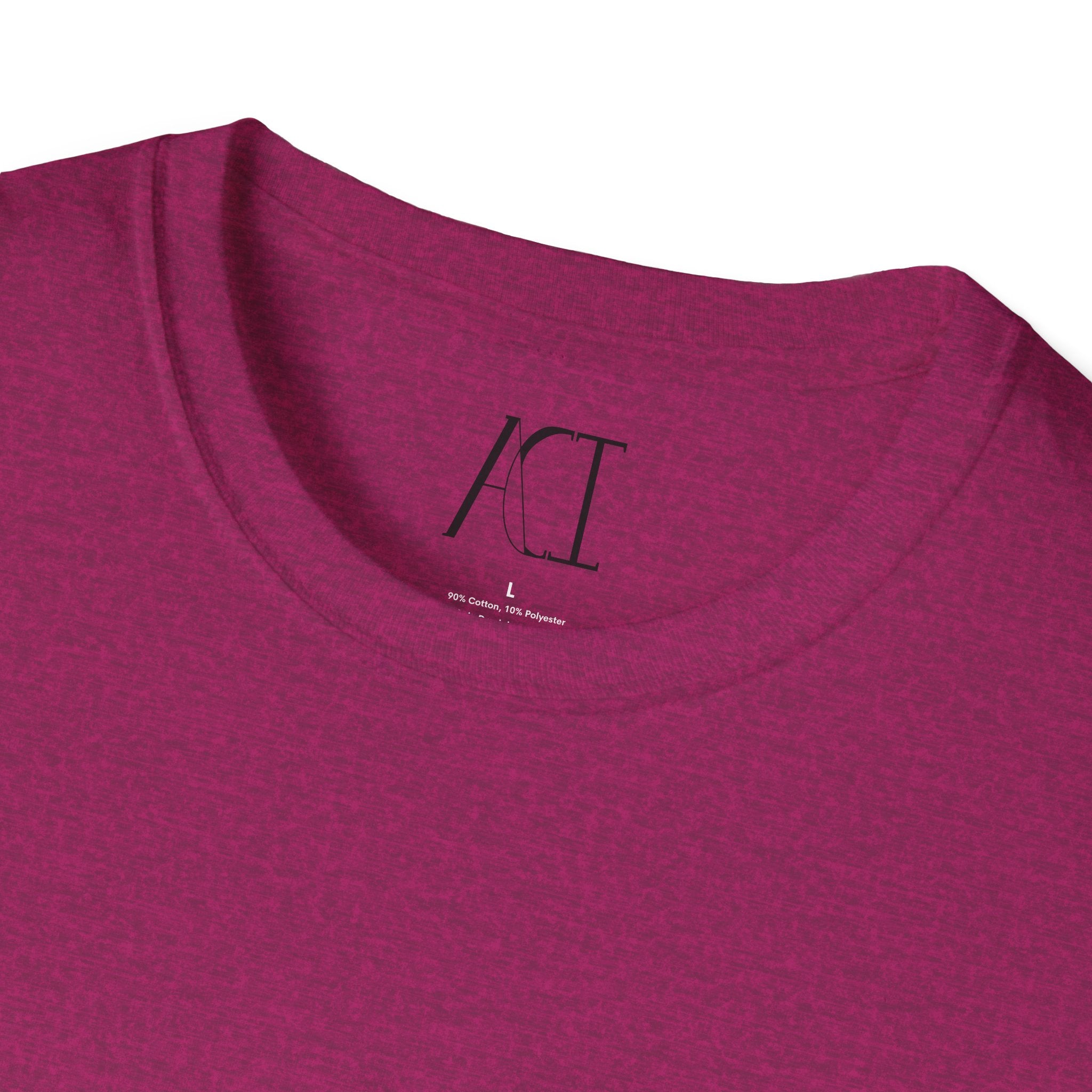 This is the Antique Heliconia ACI T-Shirt that shows an image of the seams from the neck. The size label and ACI logo printed on the inside of the shirt. The size label print is white whereas the logo is black.