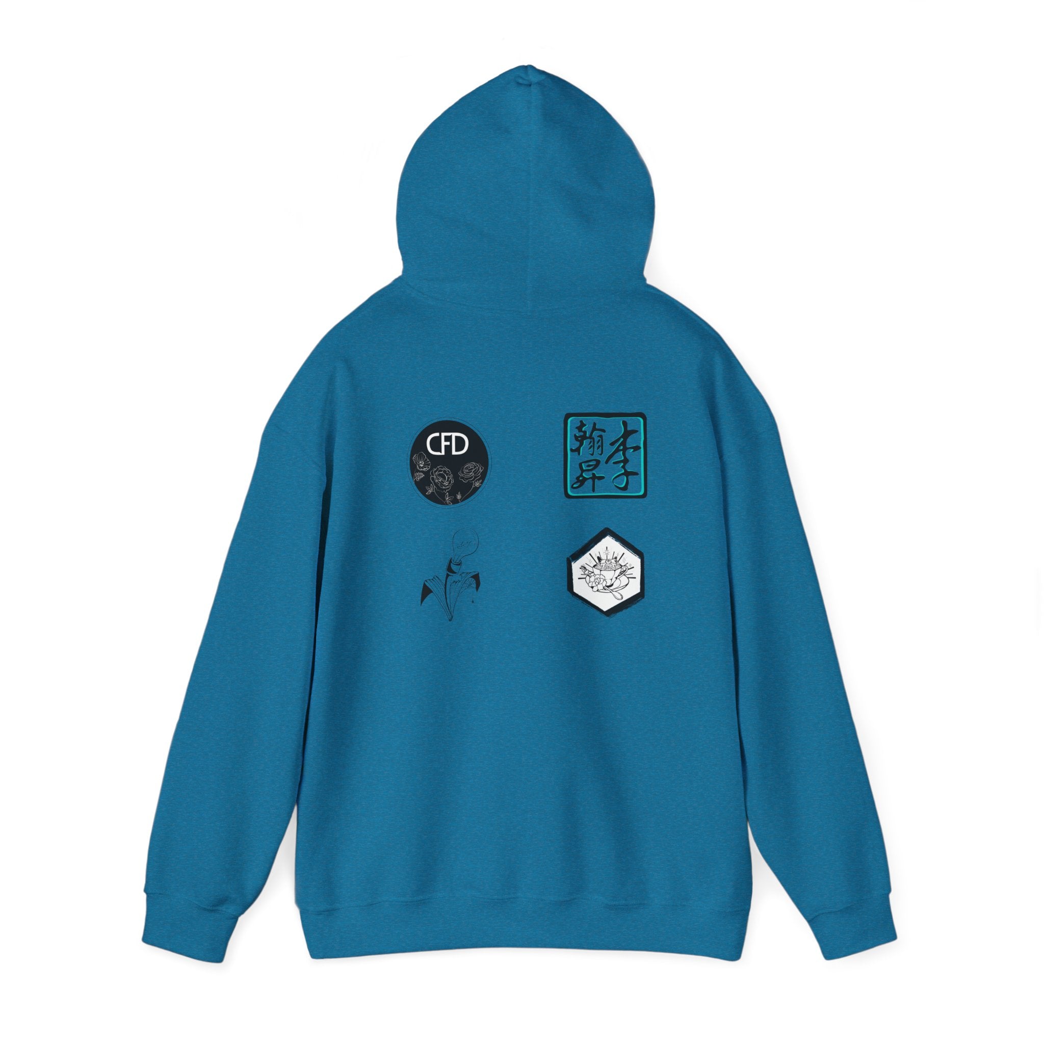 This is a Antique Sapphire ACI hoodie showcasing the back of it. The hood is lifted up and the four studios' logos are between the shoulder blades. The logos are printed in mostly white and black. There is some bright blue for one of the logos. The sleeves and end of the hoodie have stitching by the wrist and waist areas. The rest of the hoodie is the color antique sapphire. It is closer to a dark aqua color.