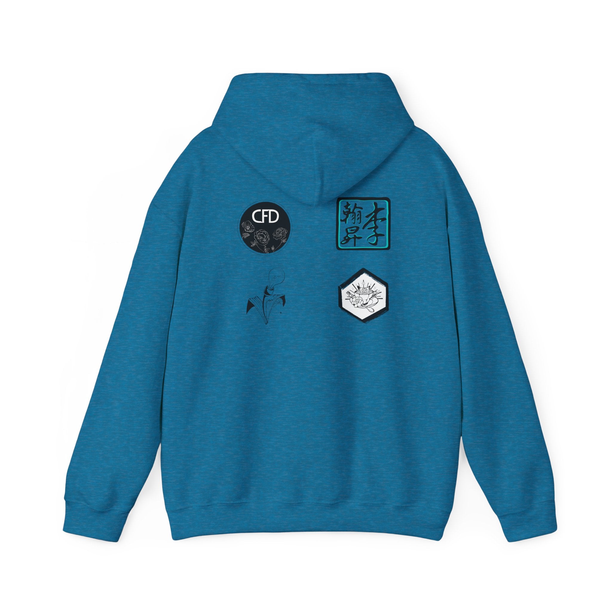 This is a Antique Sapphire ACI hoodie showcasing the back of it. The hood is not lifted up and the four studios' logos is right below the hood. The logos are printed in mostly black and white. There is one logo that is outlined in a bright blue. The sleeves and end of the hoodie have stitching by the wrist and waist areas. The rest of the hoodie is the color antique sapphire. The color is closer to a dark aqua.
