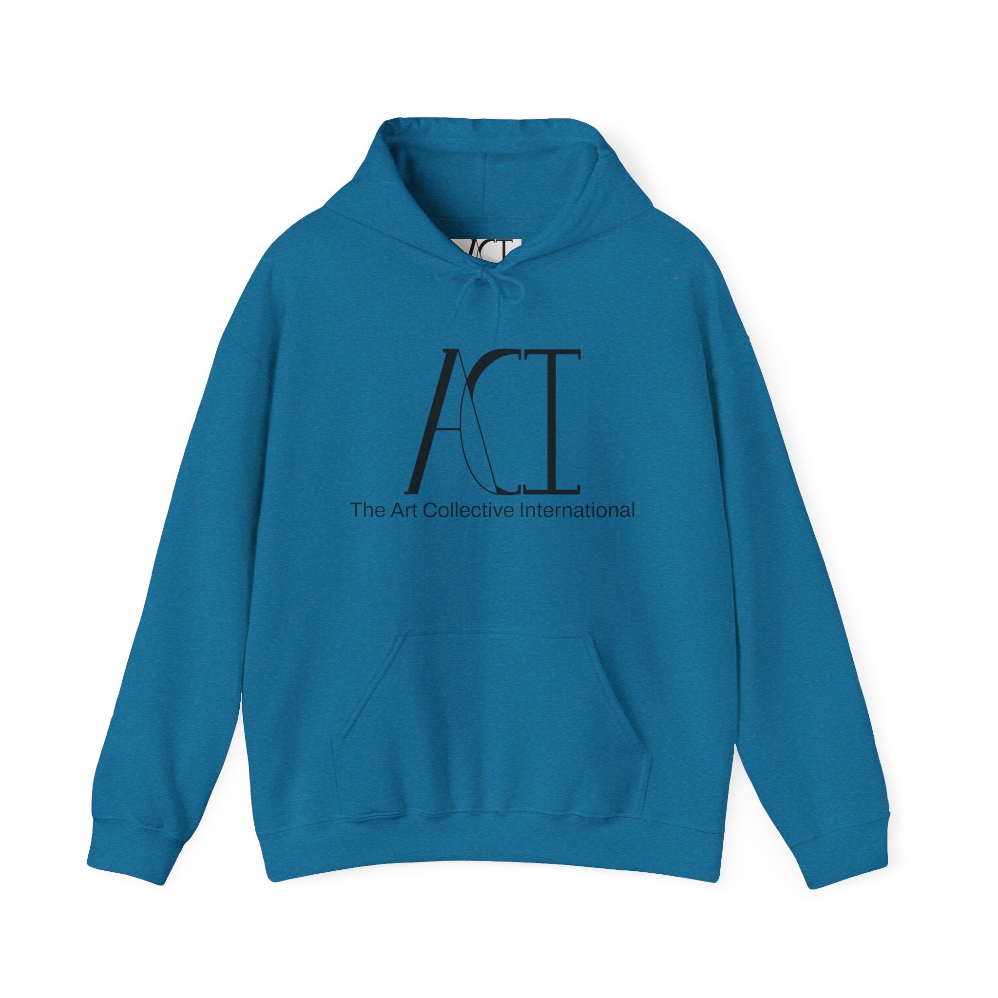 This is the Antique Sapphire ACI hoodie that showcases a large ACI logo printed in black near the top middle of the hoodie. Underneath the logo in back is, "The Art Collective International" in smaller print. It is a full picture of the front with the color-matched drawcord. The size label is white and printed on rather than a tag. The ACI logo is black on the size label. There is stitching by the wrists and waist areas. Also, a large pocket to place your arms in. The color is closer to dark aqua.