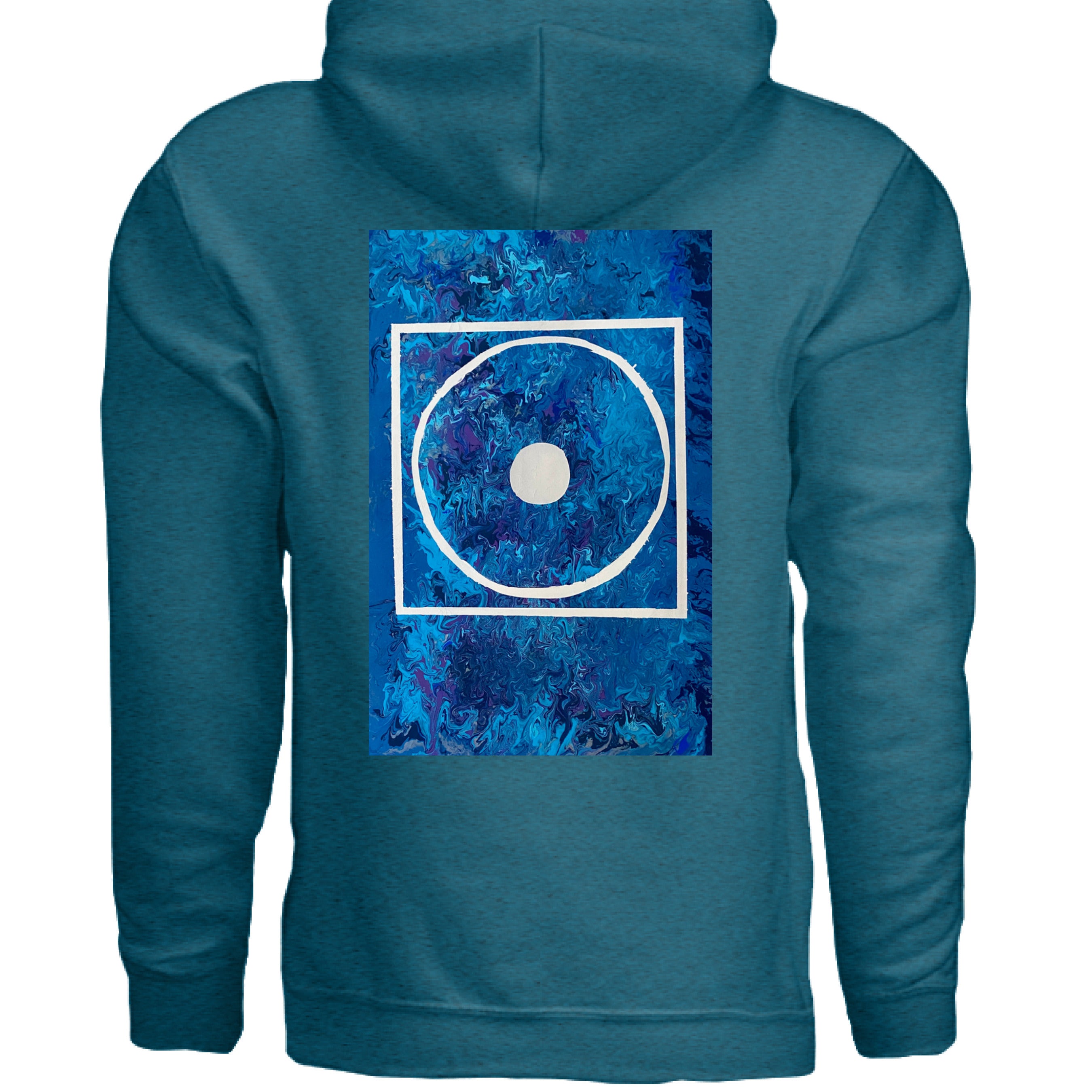 This is the Antique Sapphire Big Low Hoodie by Storm Garden Studio. This is showcasing the back of the hoodie. The illustration is rectangular and has a white filled in dot, within a outlined circle, within a outlined rectangle. The background is a mix and dip of different blues. The back has the hood and right below is the illustration. There isn't anything below the illustration. The hoodie is against a white background.